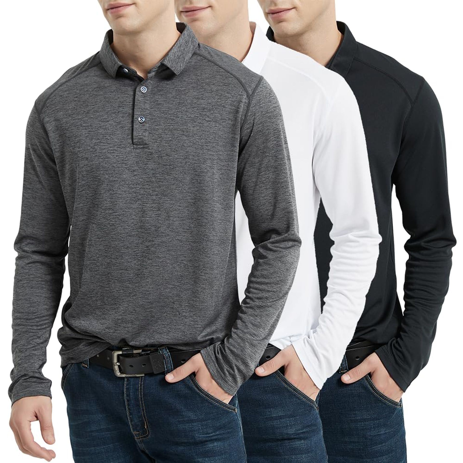 Men's 3 Pack Long Sleeve Polo Shirts Quick Dry Sports Tops - Black White Grey 2XL