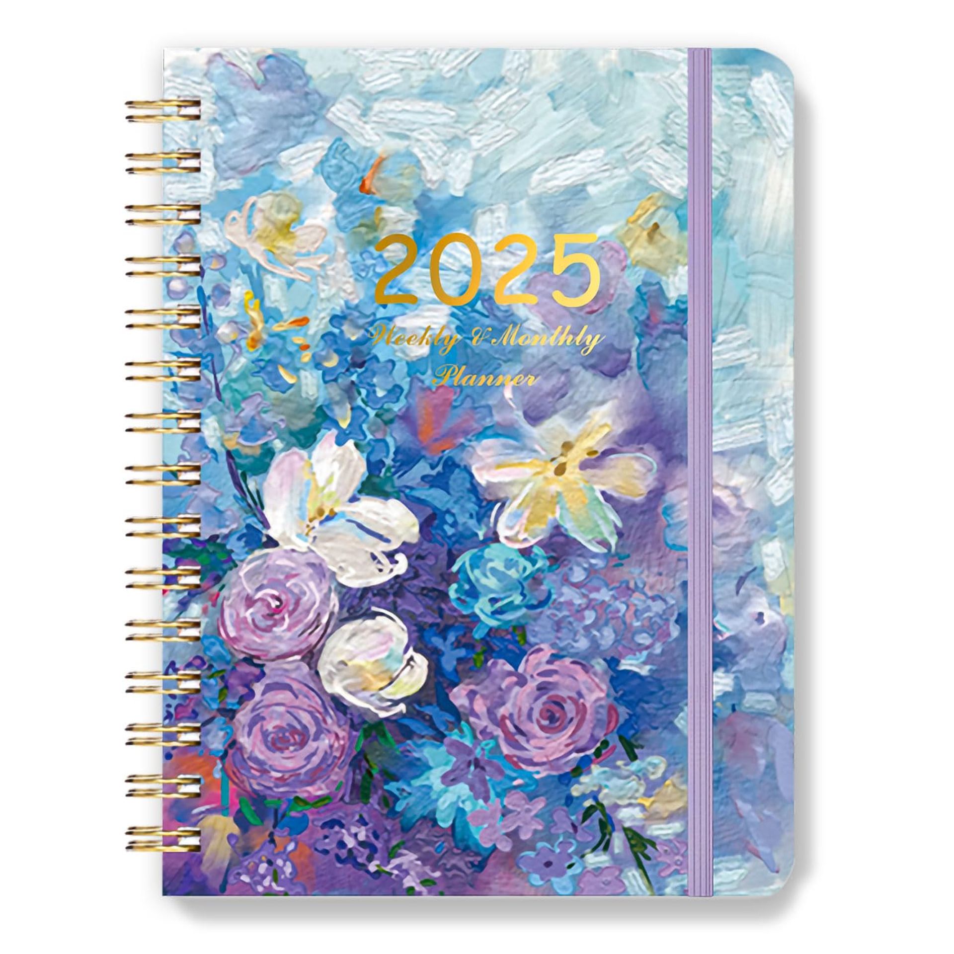 Diary 2025 A5 Week to View January 2025 to December, Diary with 12 Monthly Tabs, Hardcover, Elastic Closure, Monthly Weekly View for Work, Study, Romantic Blue Snow