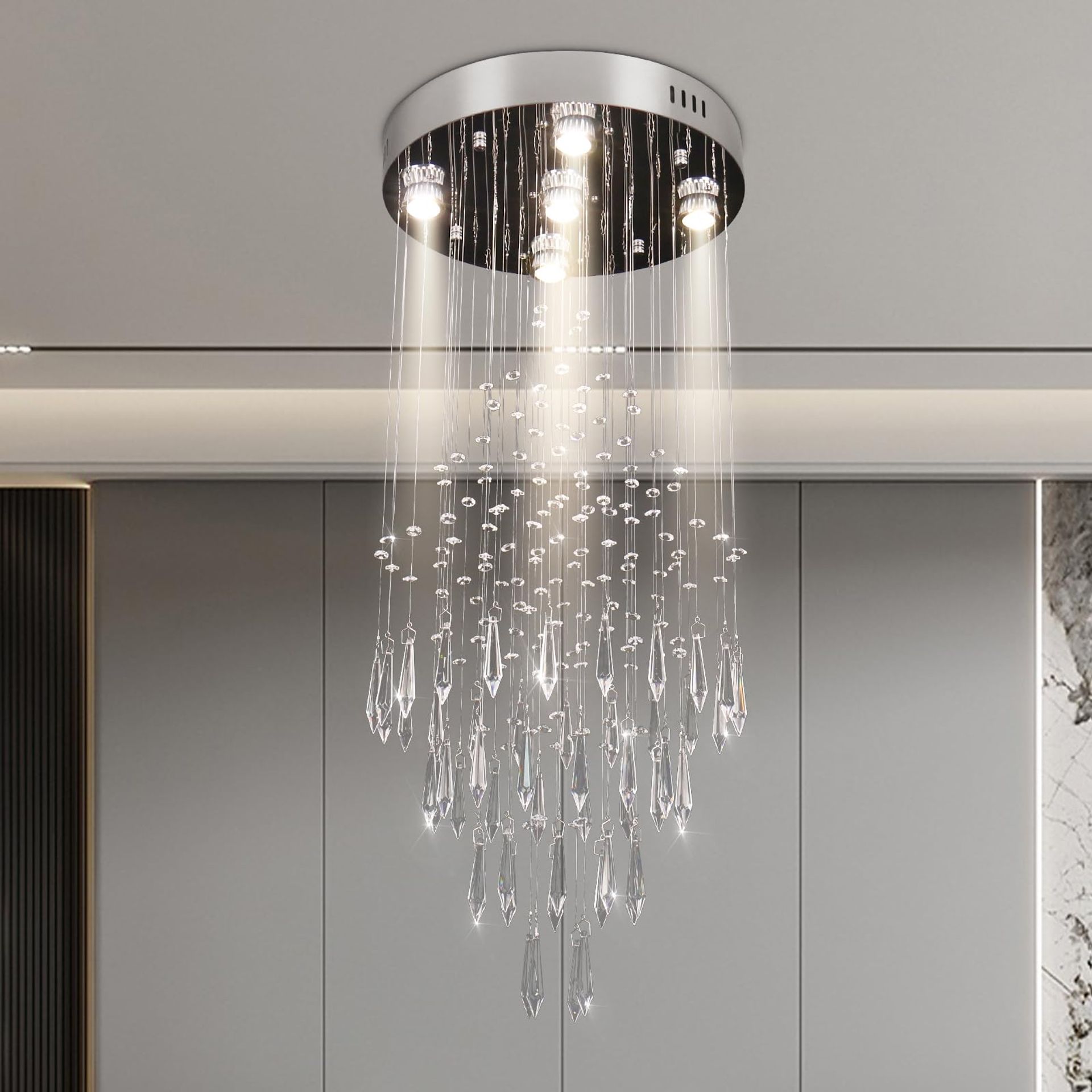 Modern Raindrop Crystal Chandelier 5-Light Flush Mount Ceiling Pendant Lamp for Living Room, Bedroom & Staircase - Chrome 82-400