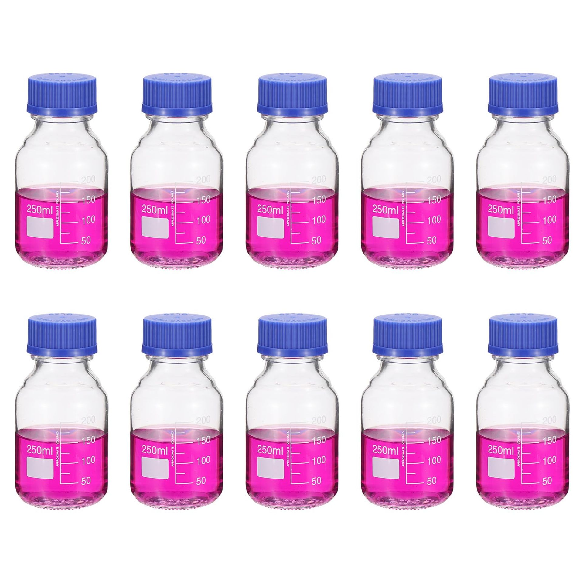 10 Pack 250ml Glass Laboratory Storage Bottles with Graduations & GL32 Screw Cap - Leakproof Durable Borosilicate for Reagents & Liquids
