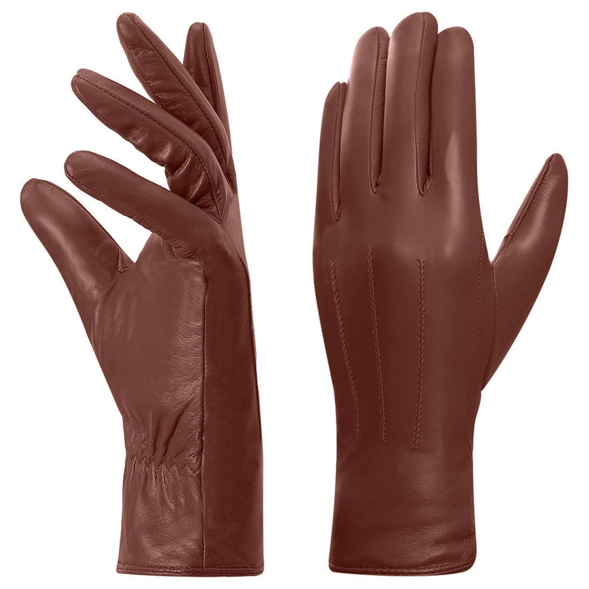 Women's Leather Gloves Winter Warm Fleece Lining Touchscreen Vintage Style - Cognac L