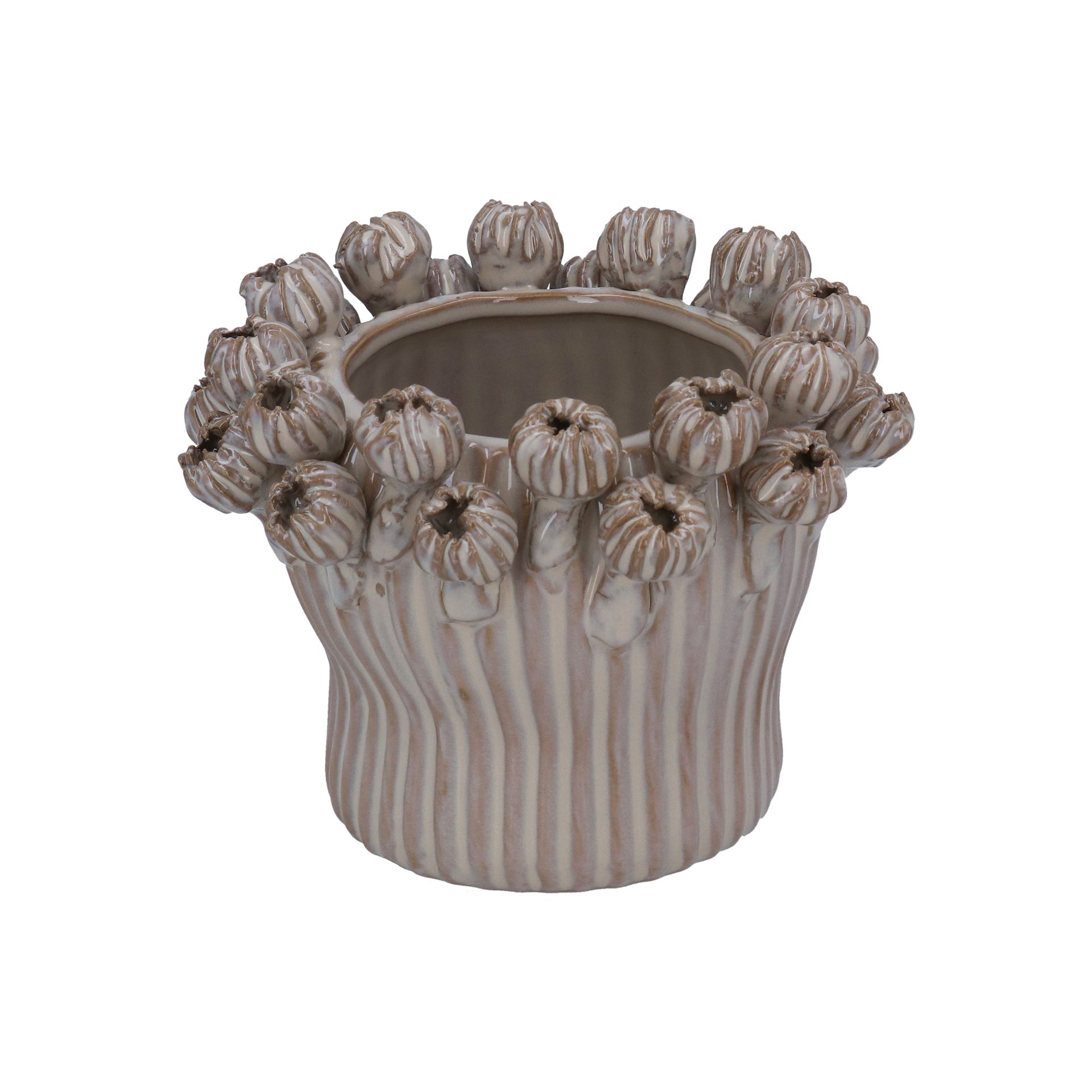 4 x Gisela Graham Taupe Porcelain Seed Head Applique Pot Cover,  