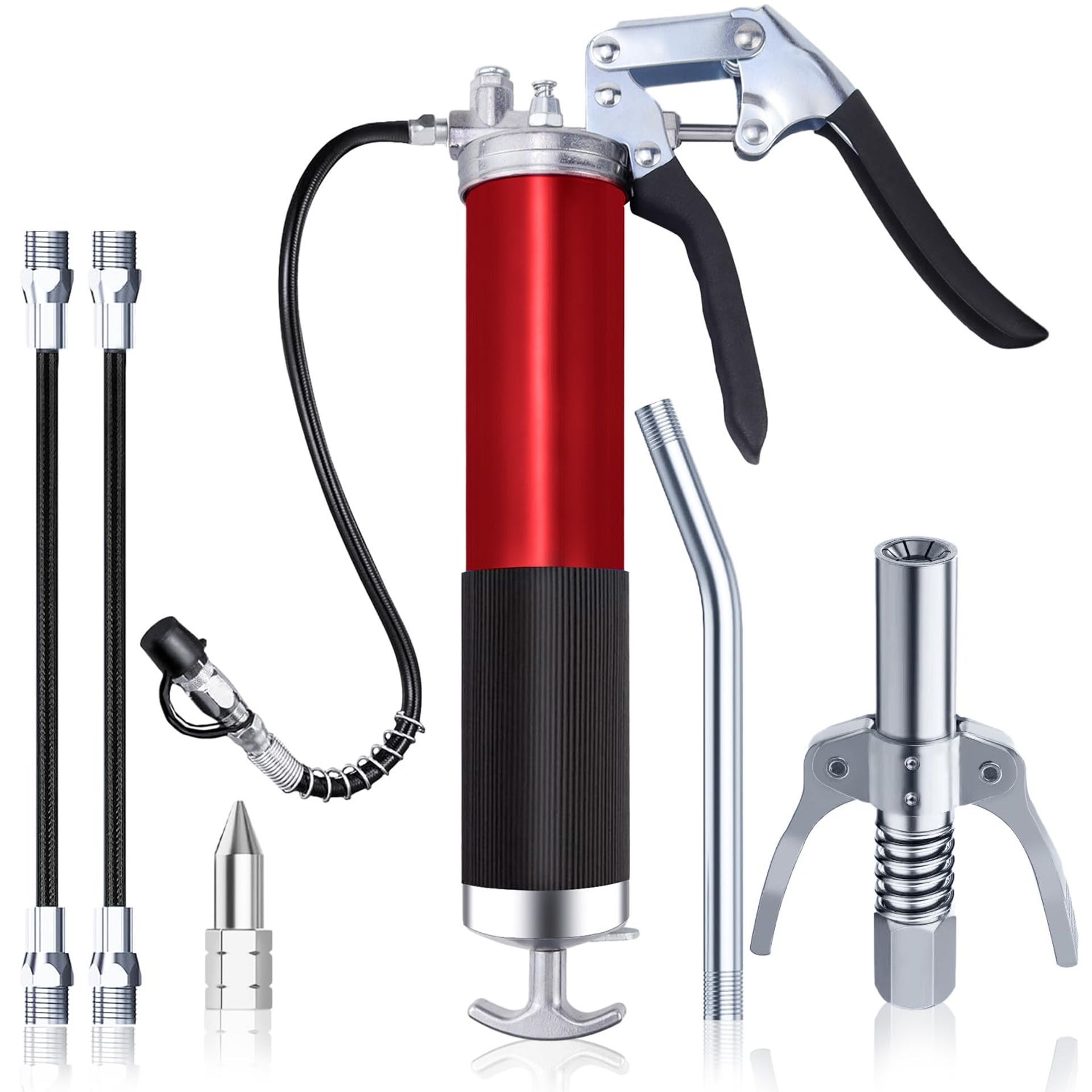 One-Handed Grease Gun Set 8000 PSI Pistol Grip Quick Release Coupling for 400g Cartridge - Red GIA124