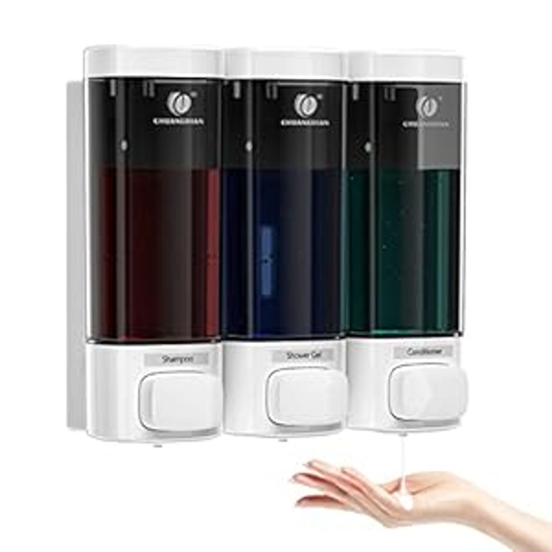 Wall Mounted Shampoo and Conditioner Dispenser Set No-Drill Refillable Bottles 3 x 320ml Lockable Design - White 3×320ml