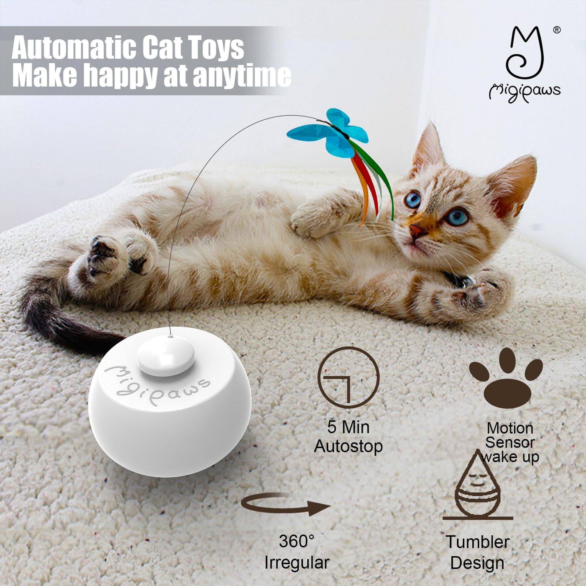 Interactive Cat Toy with Spinning Butterfly & Feathers, Touch Sensor ...