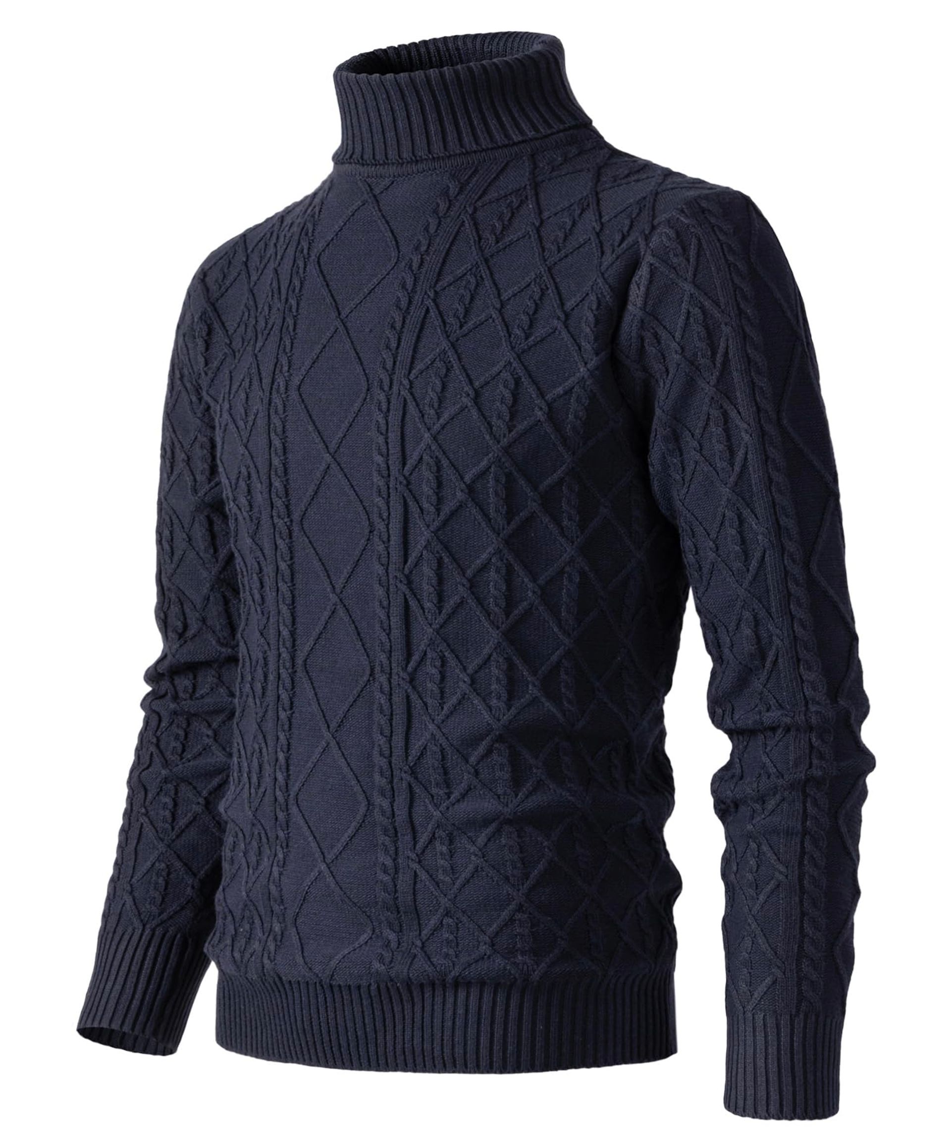 Men's Roll Neck Cable Knit Pullover Turtleneck Sweater Slim Fit Long Sleeve Fine Knitwear - Navy Blue XL