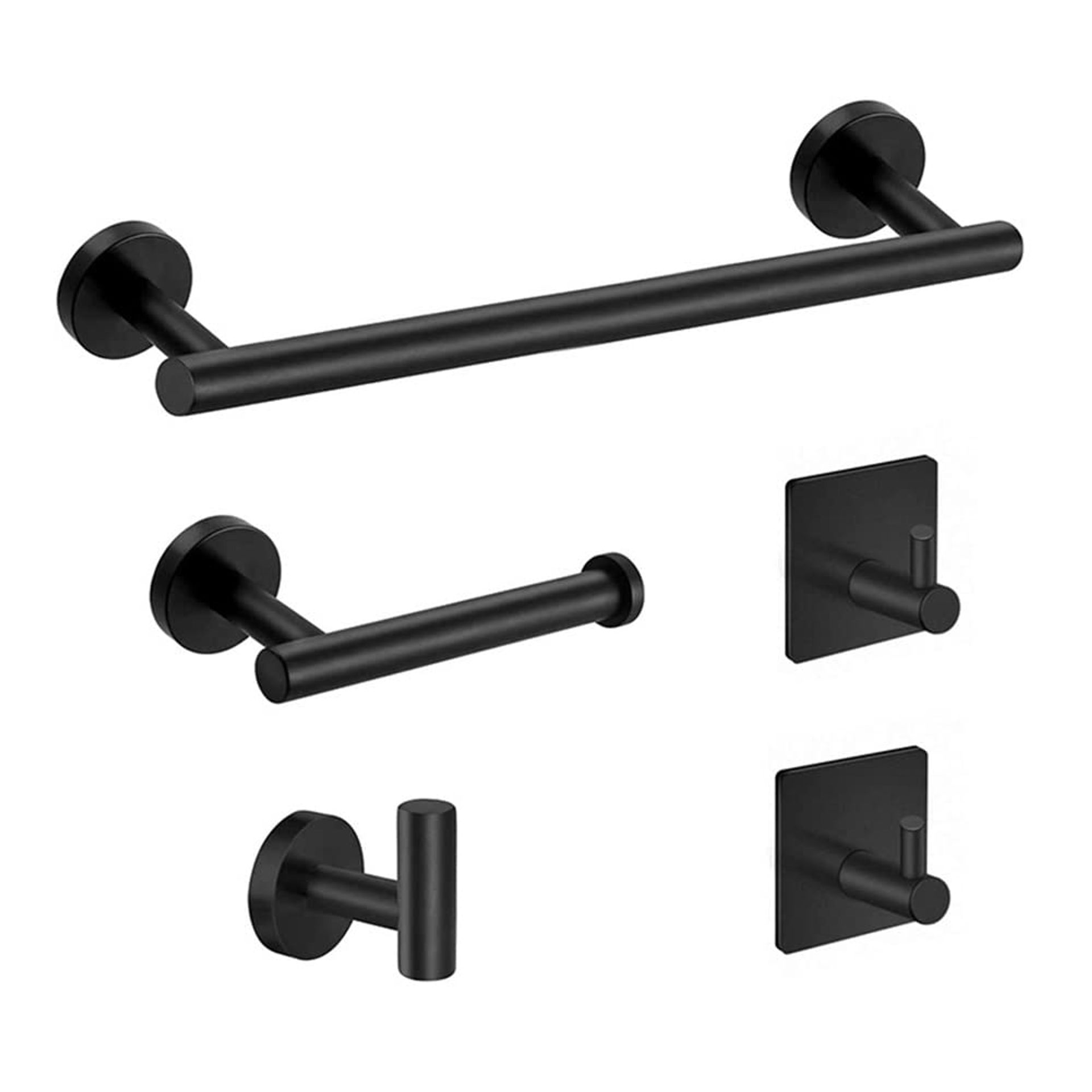 5 Piece Wall Mounted Bathroom Accessories Set Stainless Steel Towel Bar, Toilet Paper Holder & Hooks - Matt Black M