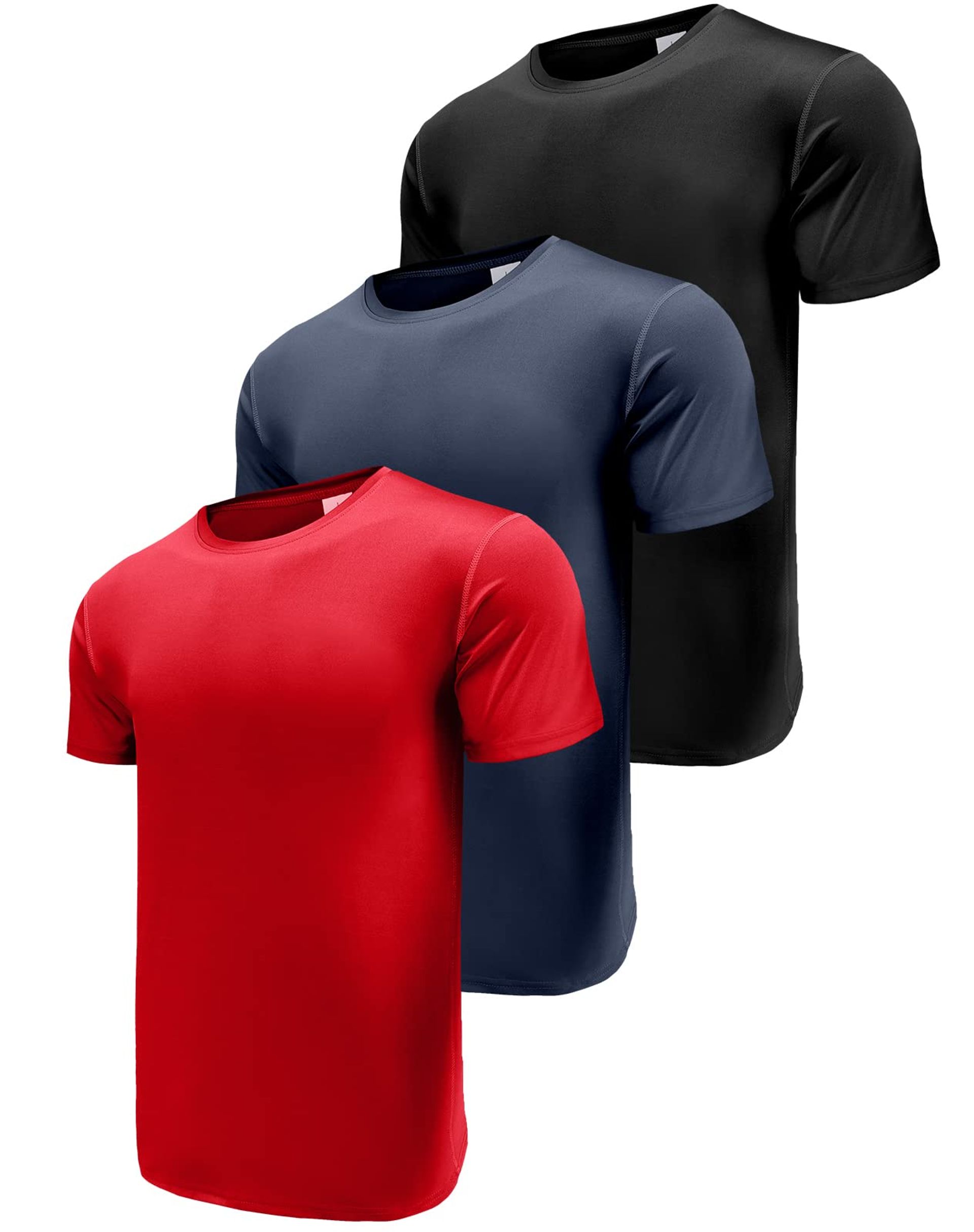 Men's 3 Pack Dry-Fit Sports T-Shirts - Breathable Gym Running Tops Black/Navy/Red