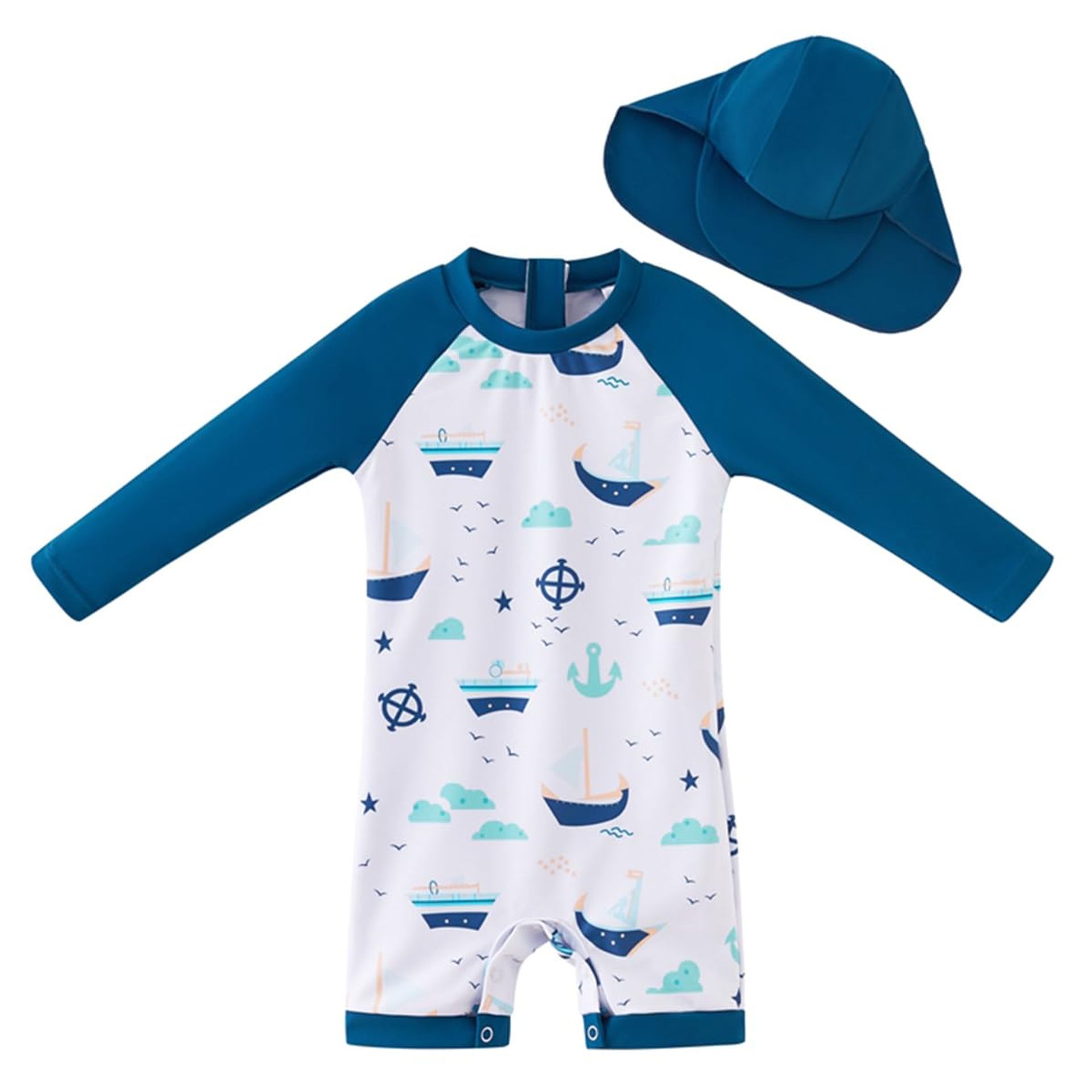 Newborn Boys All-in-One Swimsuit UPF 50+ Sun Protection with Hat - Blue Sailboat 0-3 Months