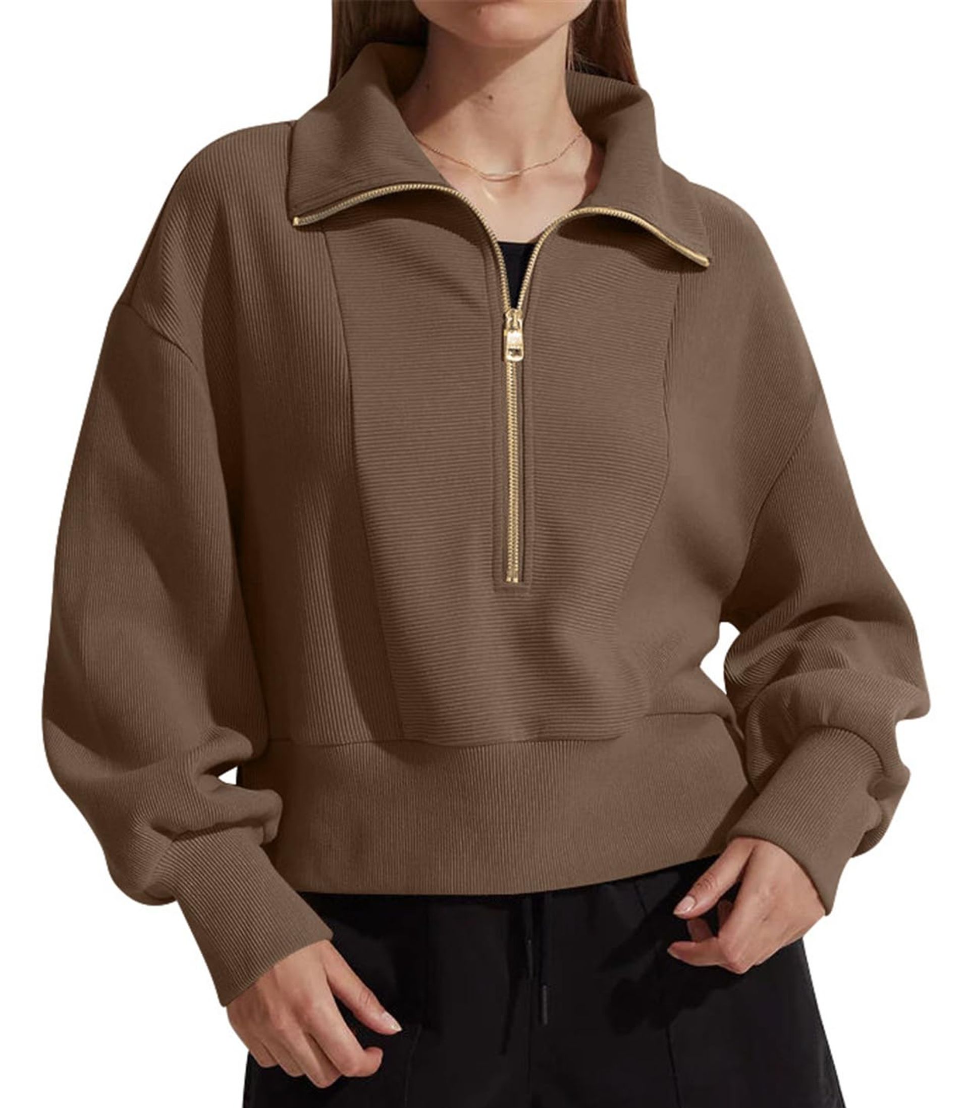 Ladies Dark Brown Oversized Half Zip Cropped Sweatshirt with Split Side - Casual Autumn/Spring Top