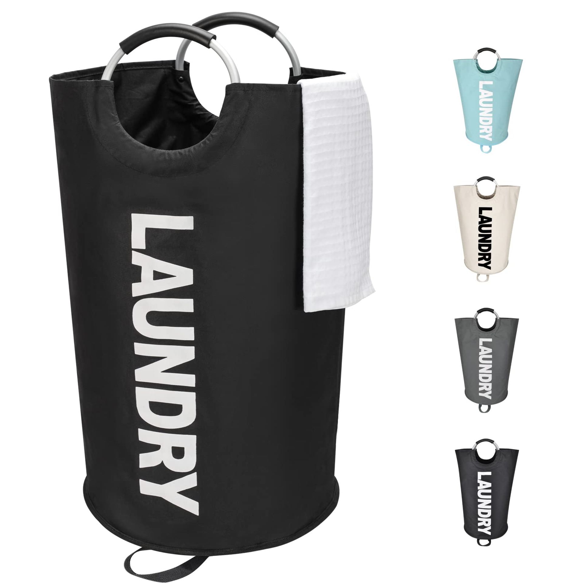 90L Large Laundry Basket - Freestanding, Collapsible Clothes Hamper with Aluminium Handle, Black