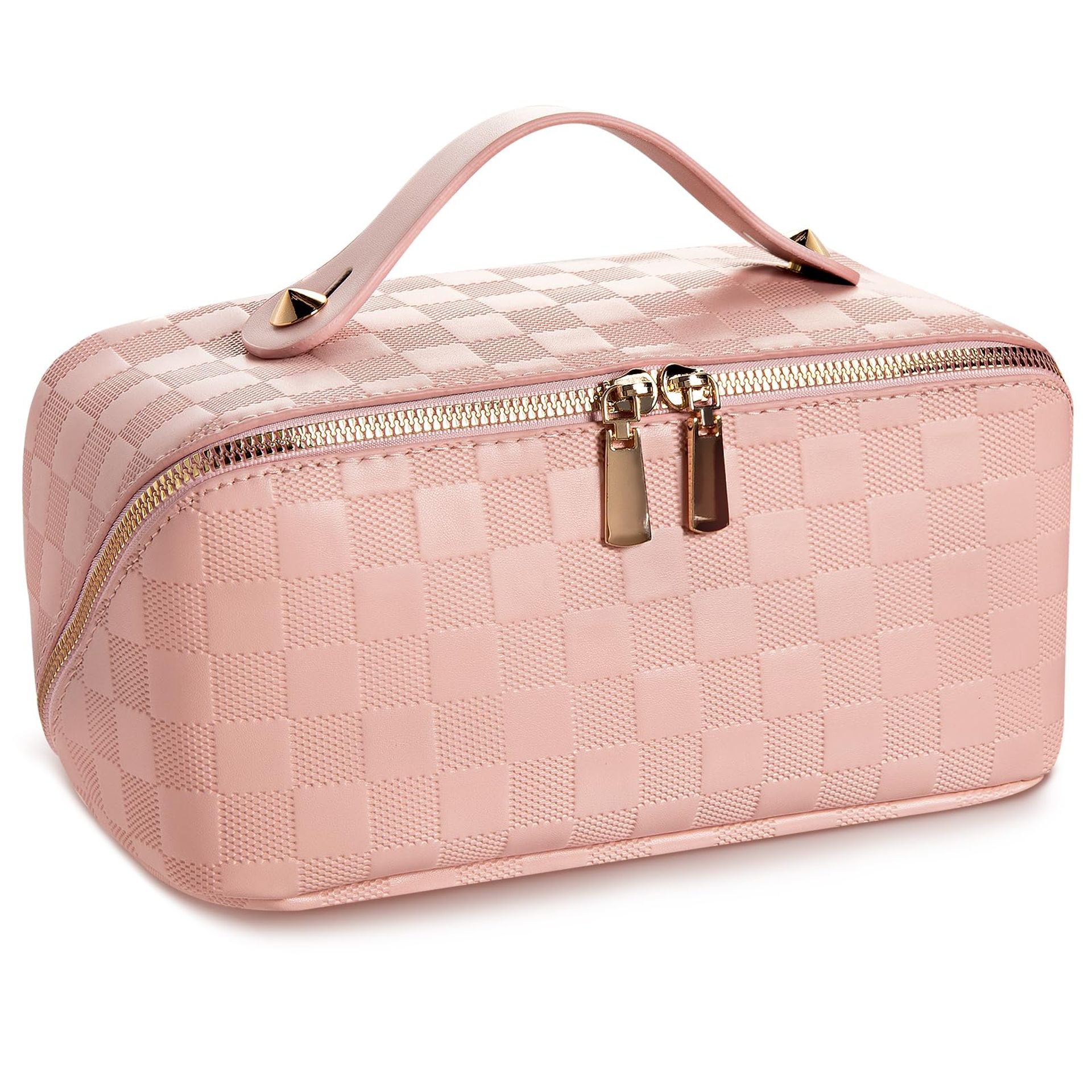 Travel Makeup Bag Large Capacity Waterproof Organiser with Divider & Handle - Pink