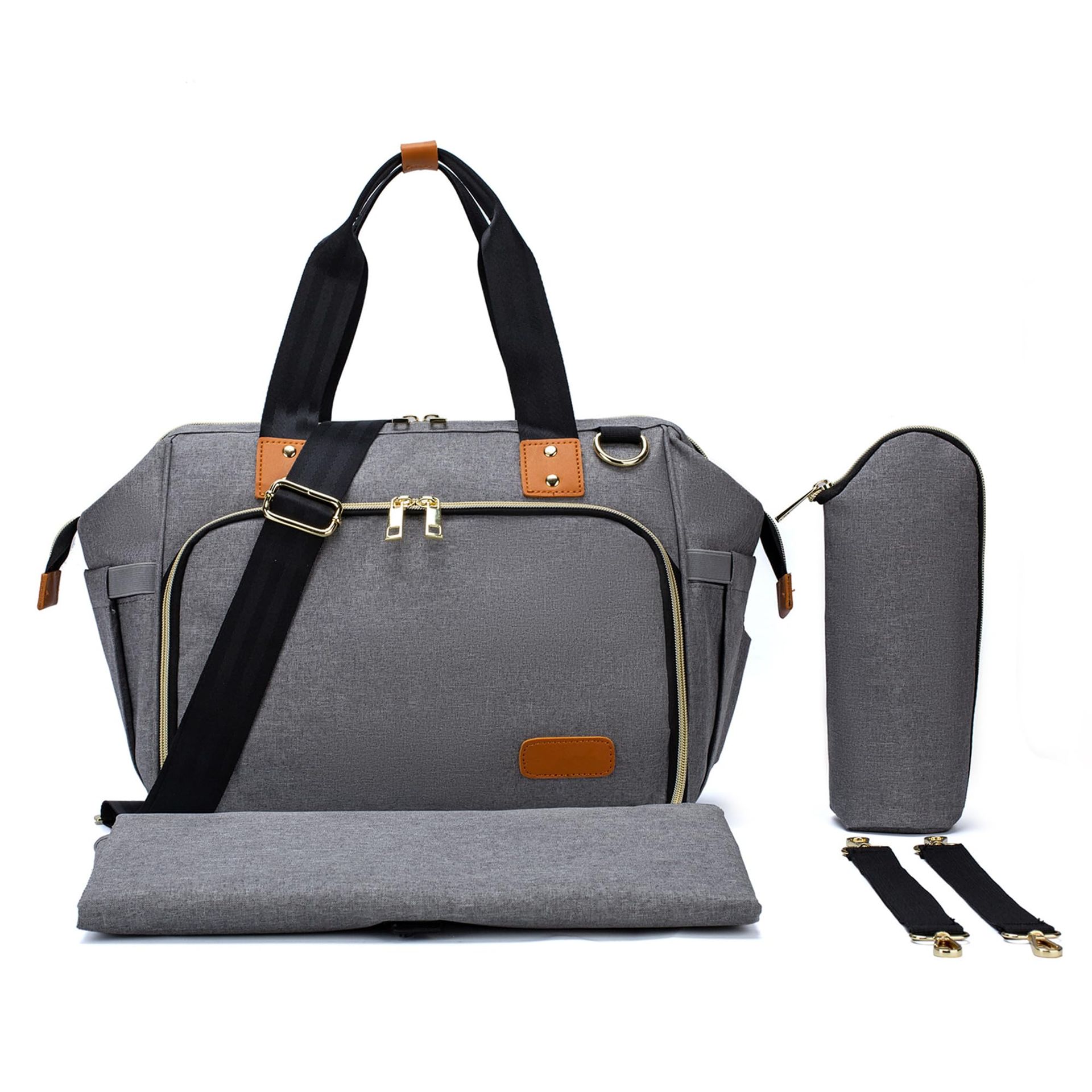 Nappy Changing Bag Portable Messenger Tote with Pram Clips and Waterproof Mat for Mum and Dad Travel Use - Grey L