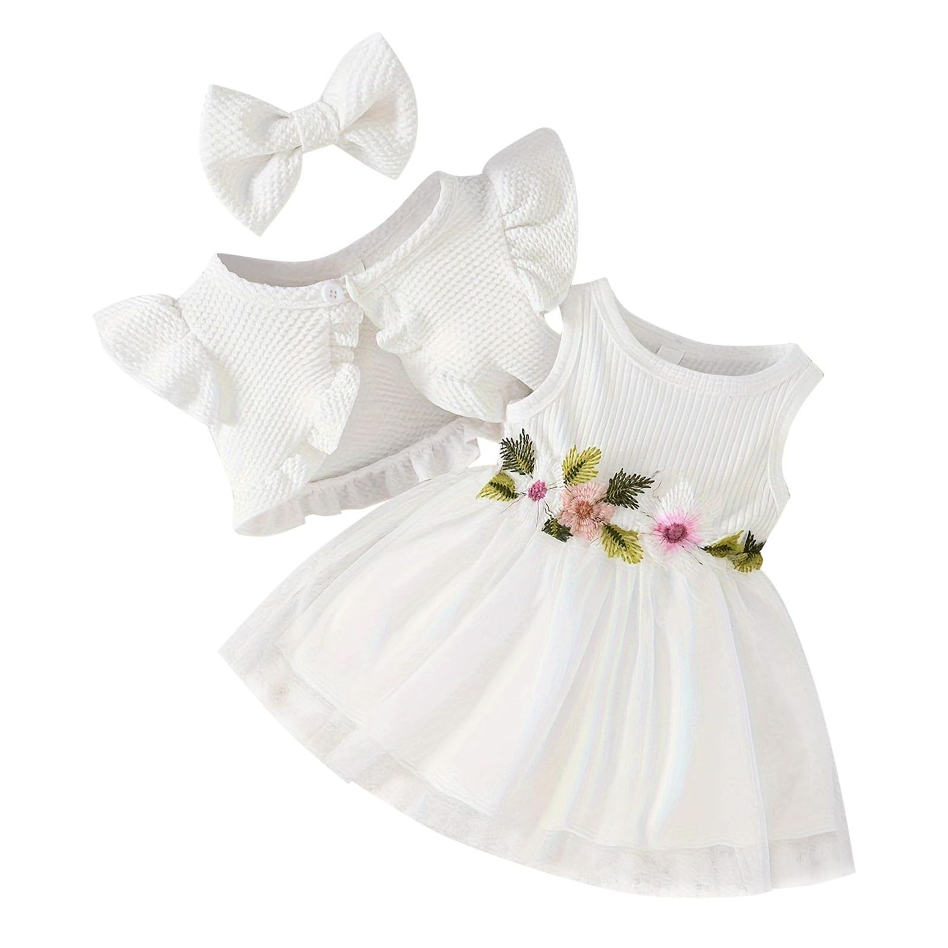 Baby Girl 3-Piece Summer Outfit Floral Dress with Bolero & Headband - White 9-12 Months