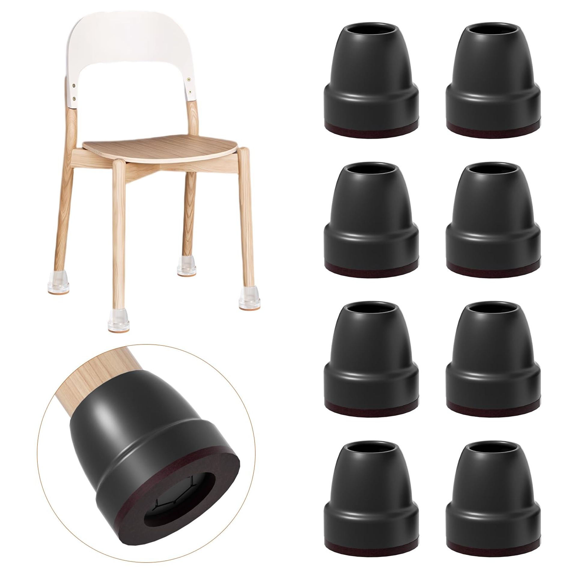 0.75" Black Silicone Chair Leg Covers with Felt Pads - Anti-Skid & Floor Protection, 8 Pack