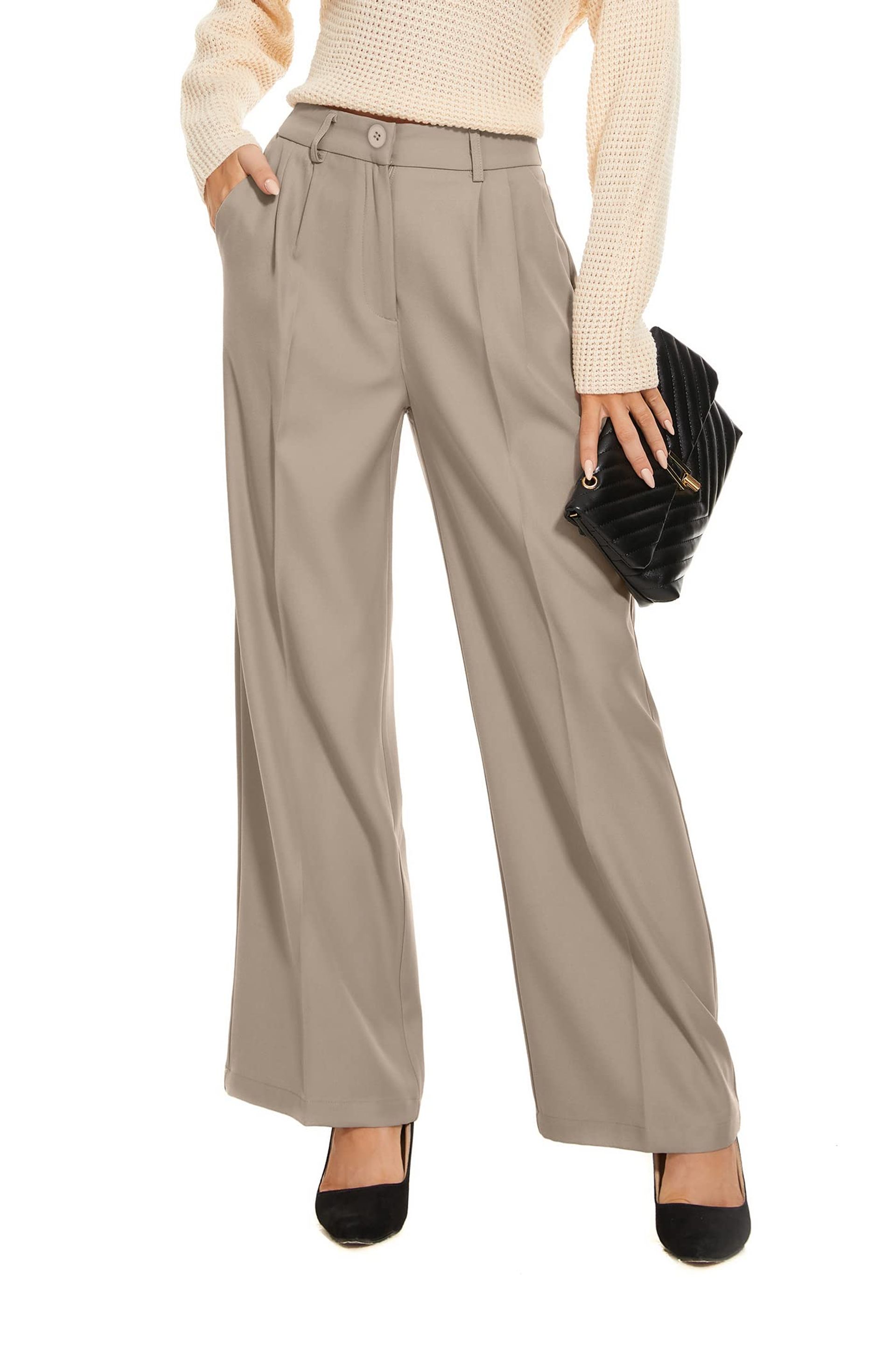 Women's Wide Leg Business Trousers High Waist Back Elastic Pleated Front Loose Fit - Black Coffee XL Short