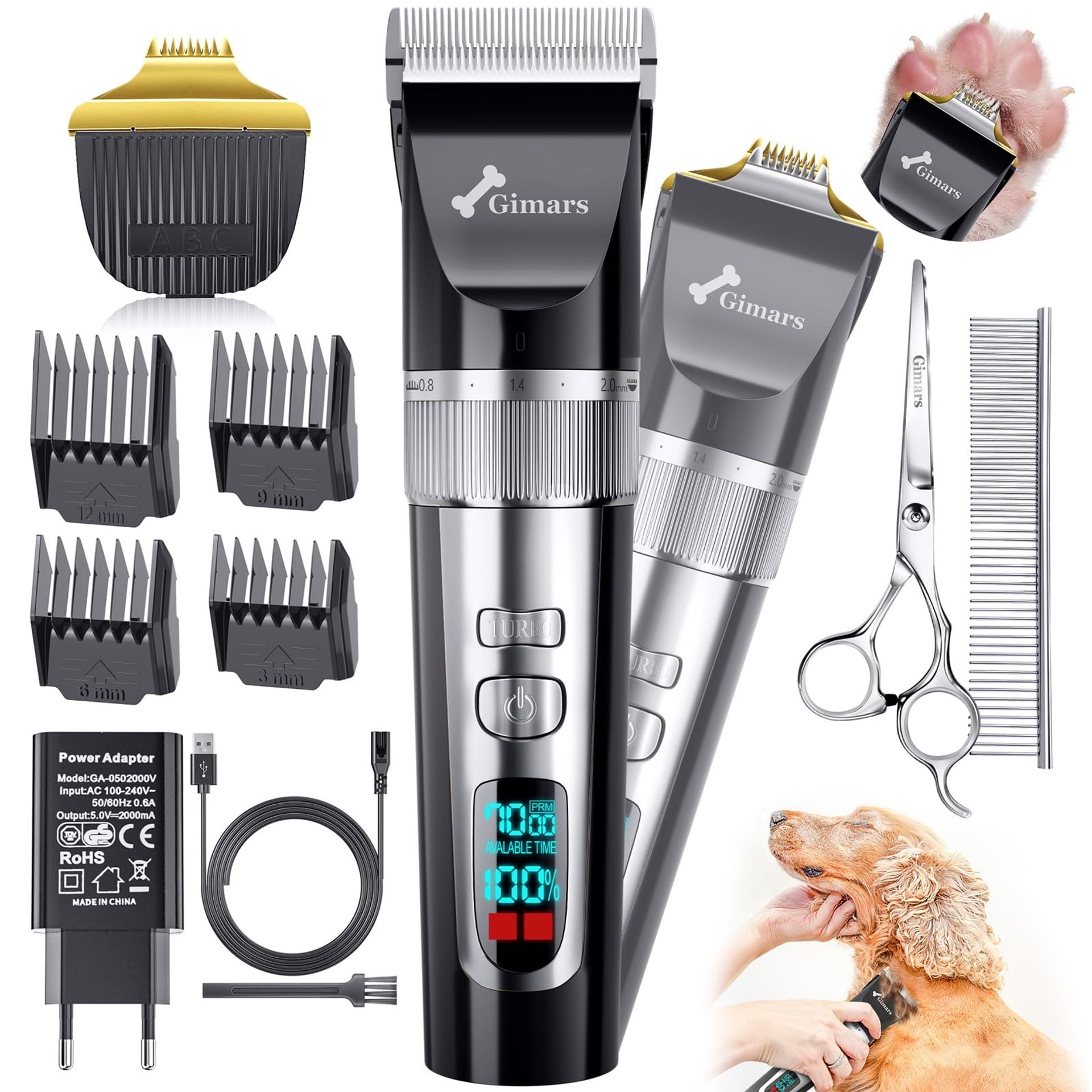 4-in-1 Cordless Dog Grooming Clippers & Paw Trimmer, Low Noise 4-Speed Pet Shaver with Comb & Scissors for Cats, Dogs & Horses