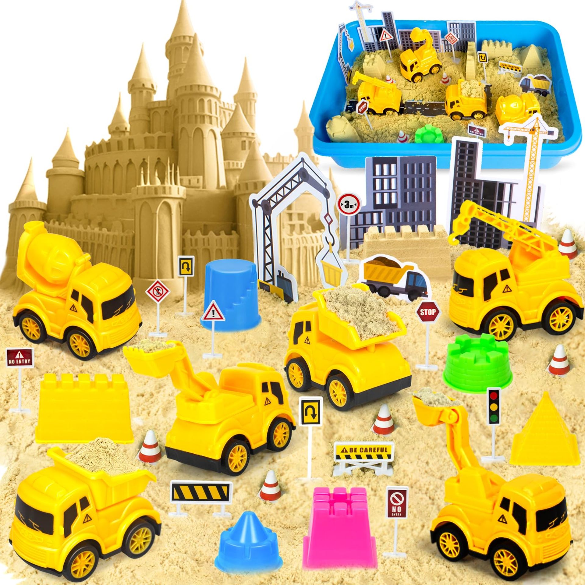 Children's Sensory Play Sand Construction Toy Set with Vehicles & Tools Montessori Gift for Ages 3+ - Yellow