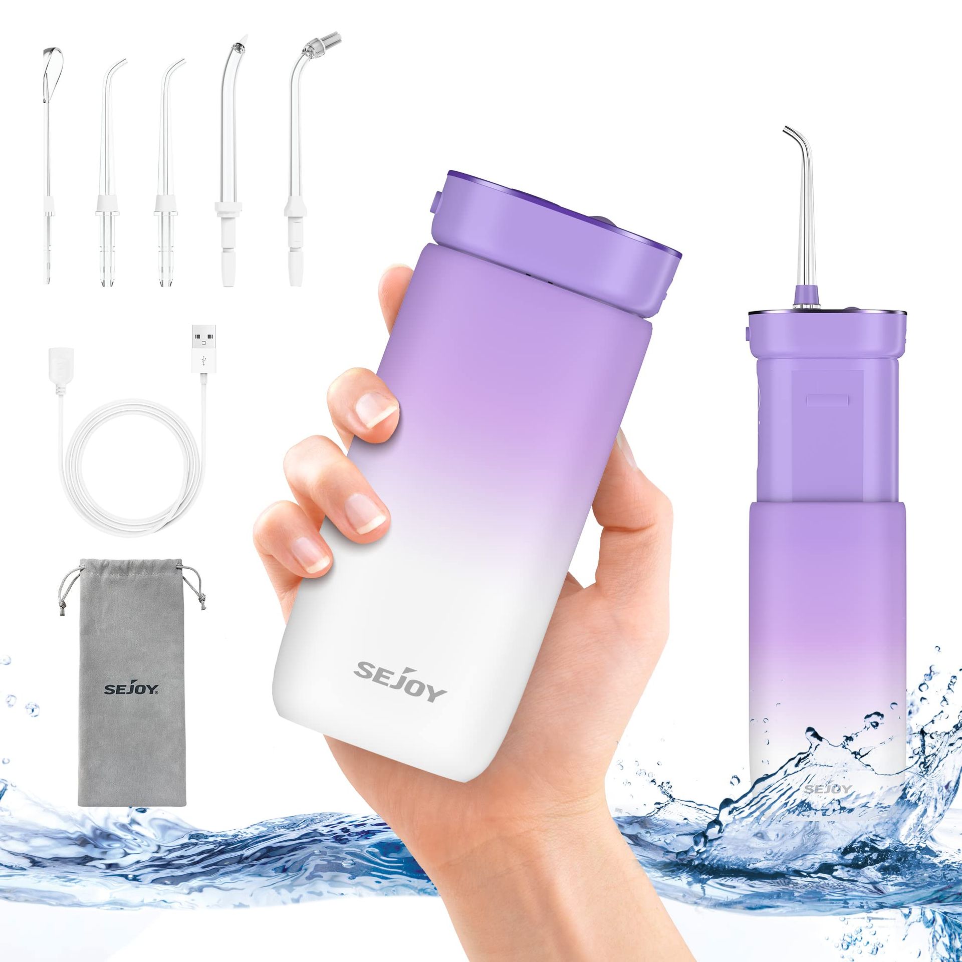 Water Flosser Cordless Oral Irrigator 270ML 5 Modes 5 Jet Tips IPX7 Waterproof Portable for Teeth and Braces - Purple