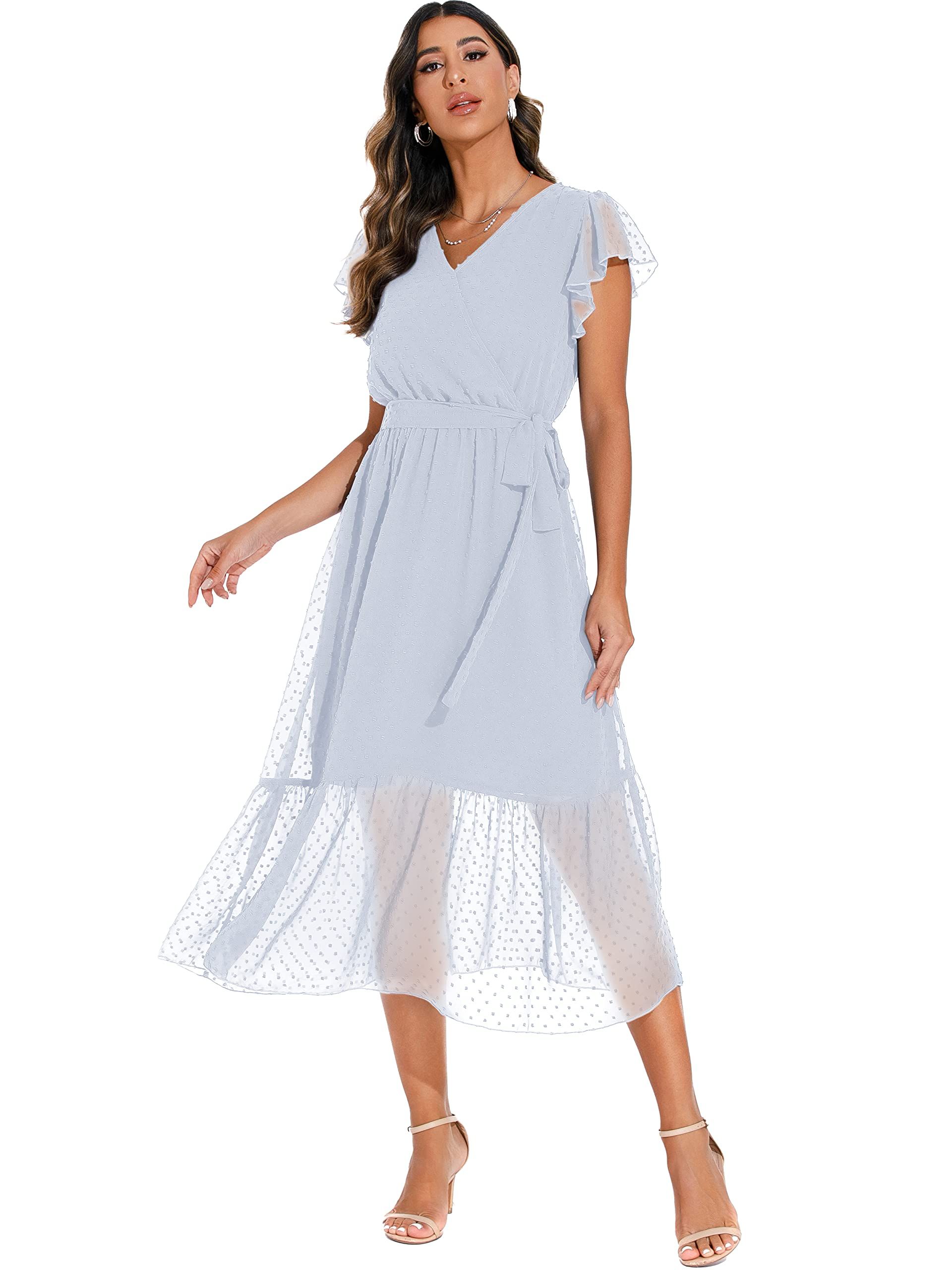 GRECERELLE Womens Summer Wrap Maxi Dress Chiffon Cute Casual V Neck Ruffl