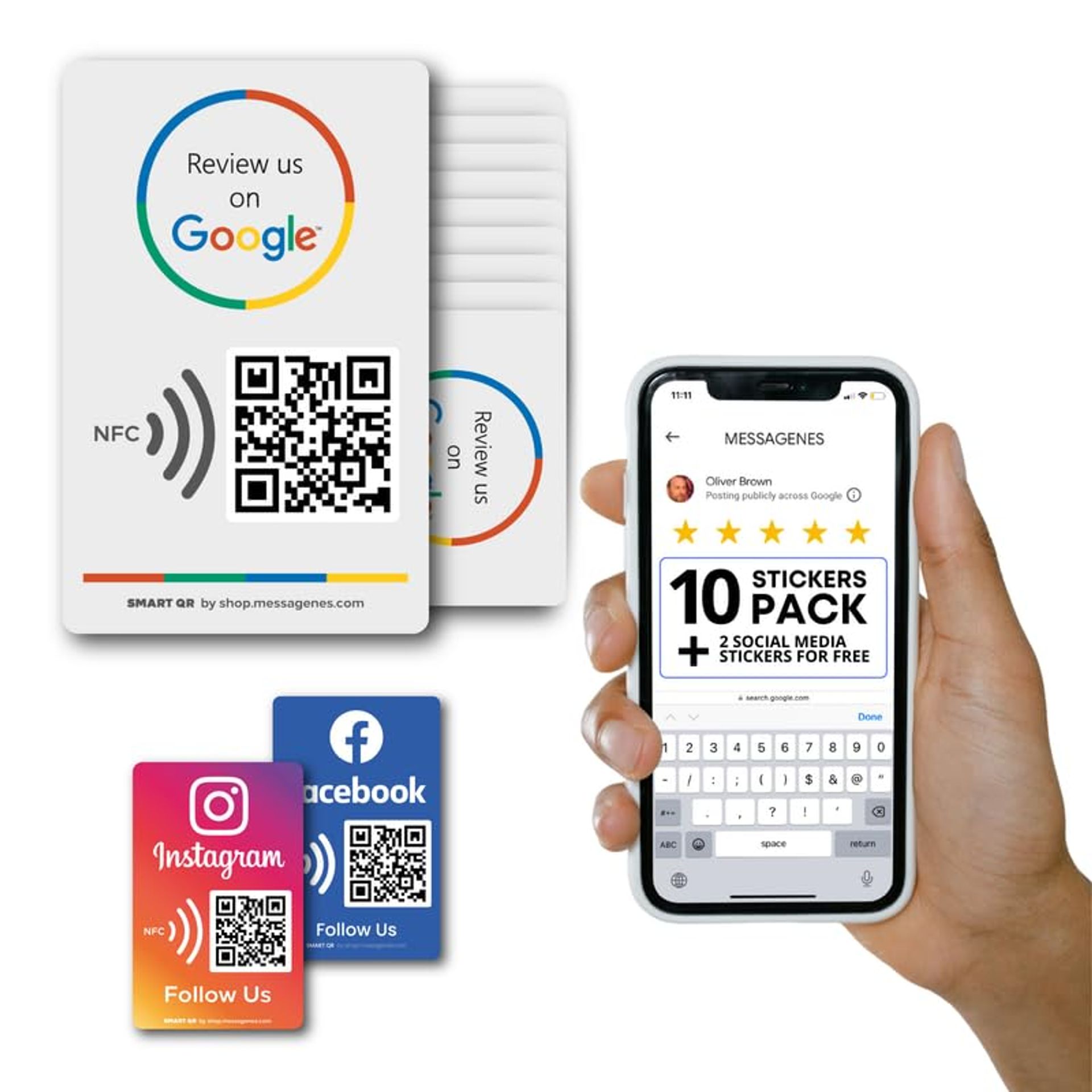 Reusable NFC Tap Stickers for Google Reviews with QR Code – Boost Customer Feedback Pack - Grey 10 Stickers