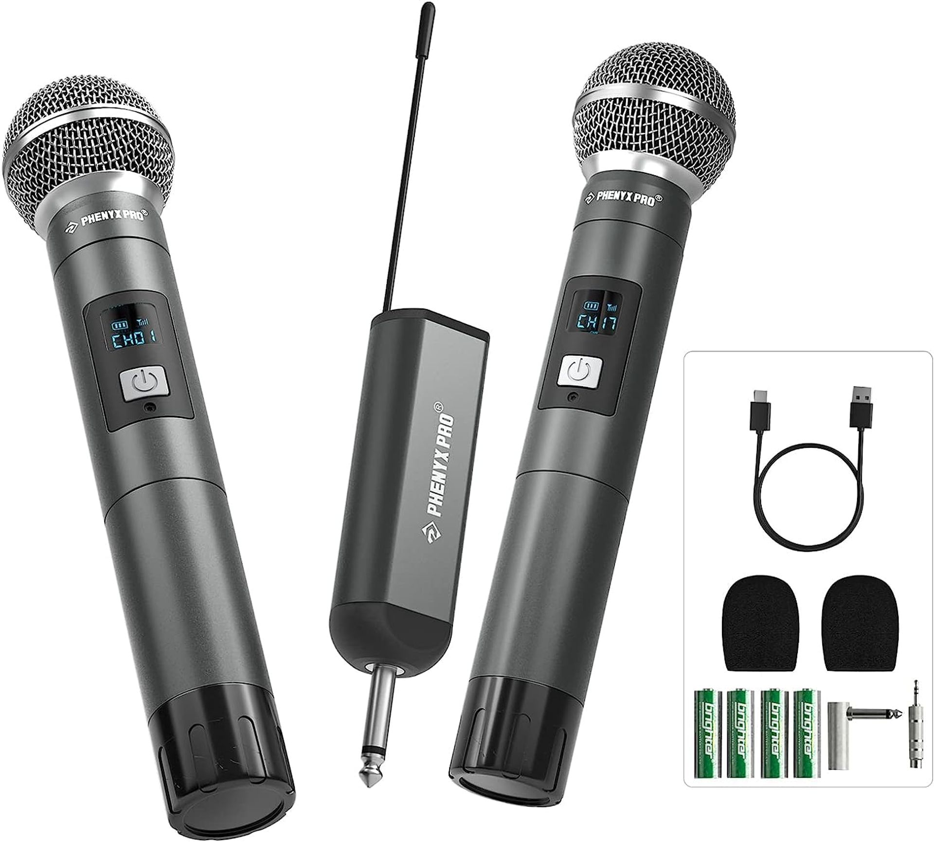 Dual Digital Wireless Microphone System 2 Handheld Dynamic Mics UHF Mini Receiver for Karaoke, Church, DJ, Singing - Black PDP-2