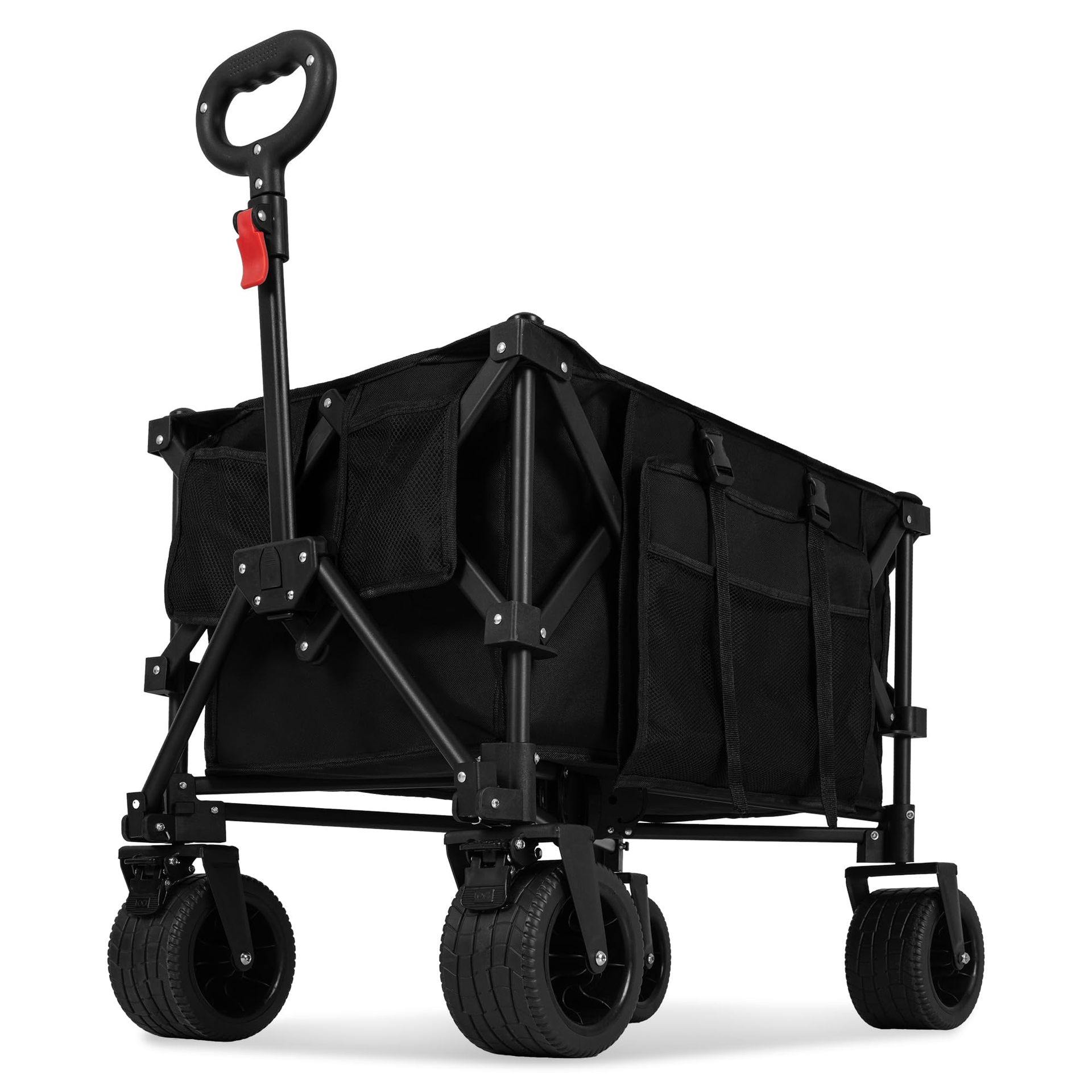 Folding Camping Trolley Heavy Duty Wagon Cart 150L with Large Wheels, Adjustable Handle, Cup Holders – Black 150L