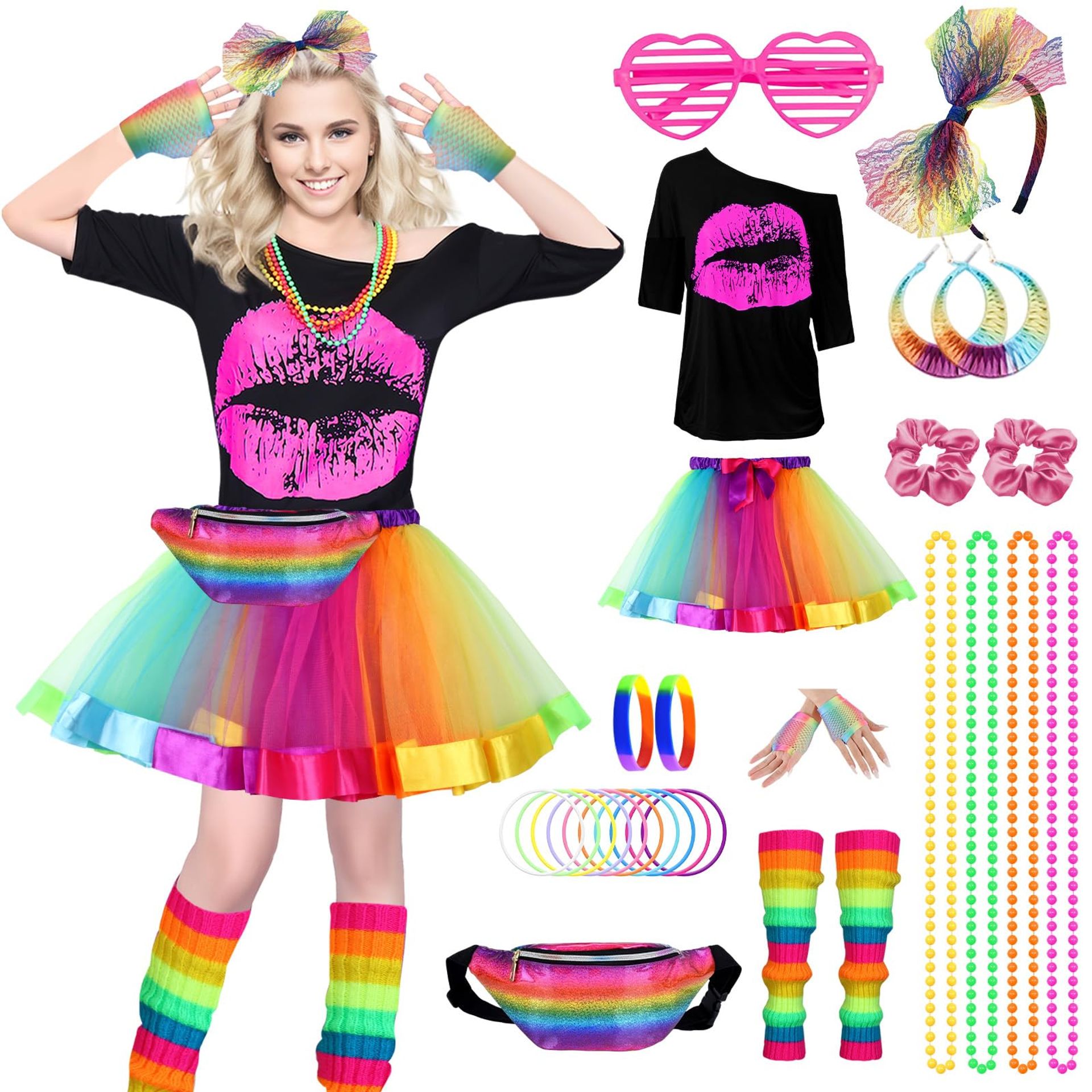 80s Fancy Dress Costume Set for Women with Rainbow Accessories - Size L