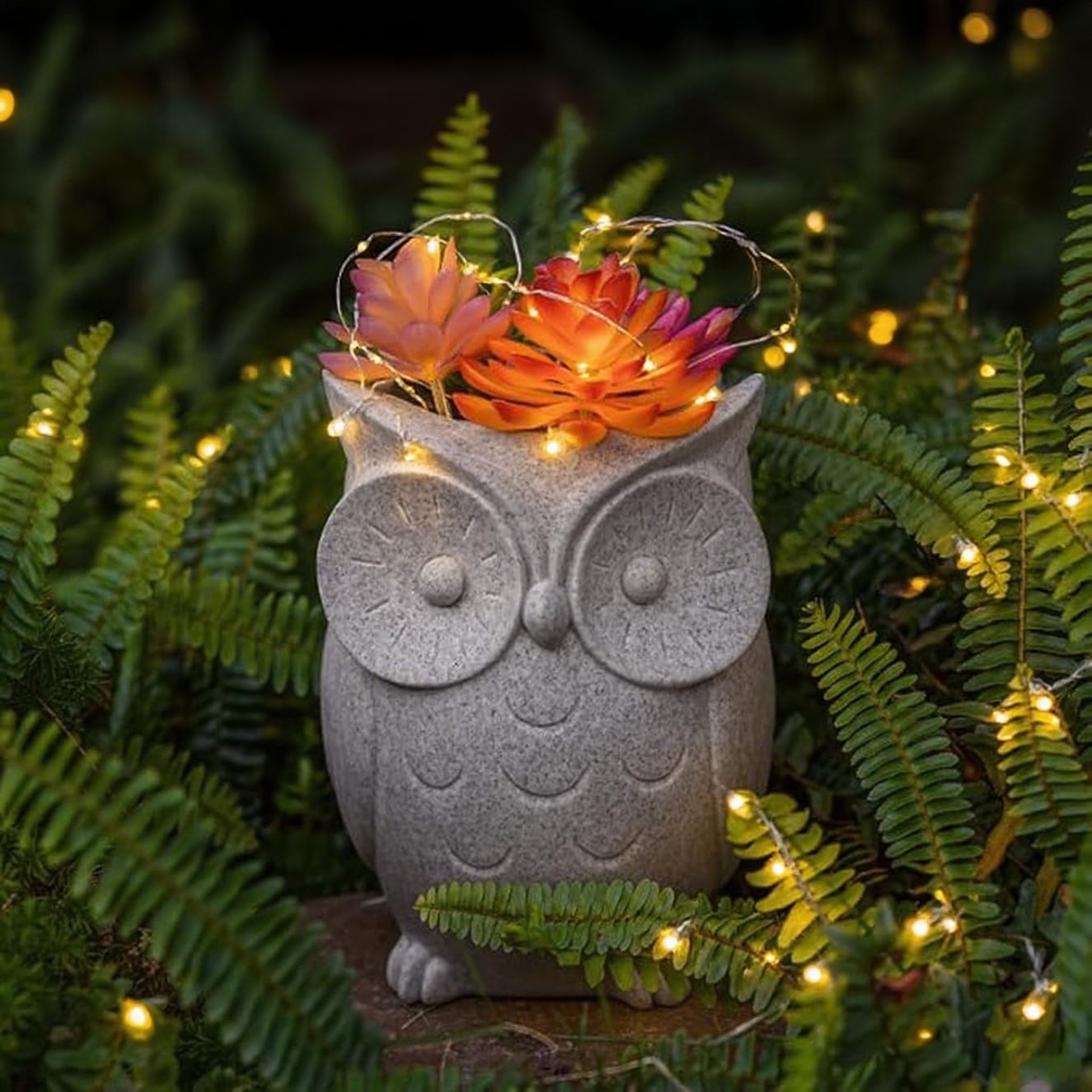 Owl Succulent Plant Pot with Solar Light and Drainage Hole for Garden or Home Décor - Grey Round Eyes
