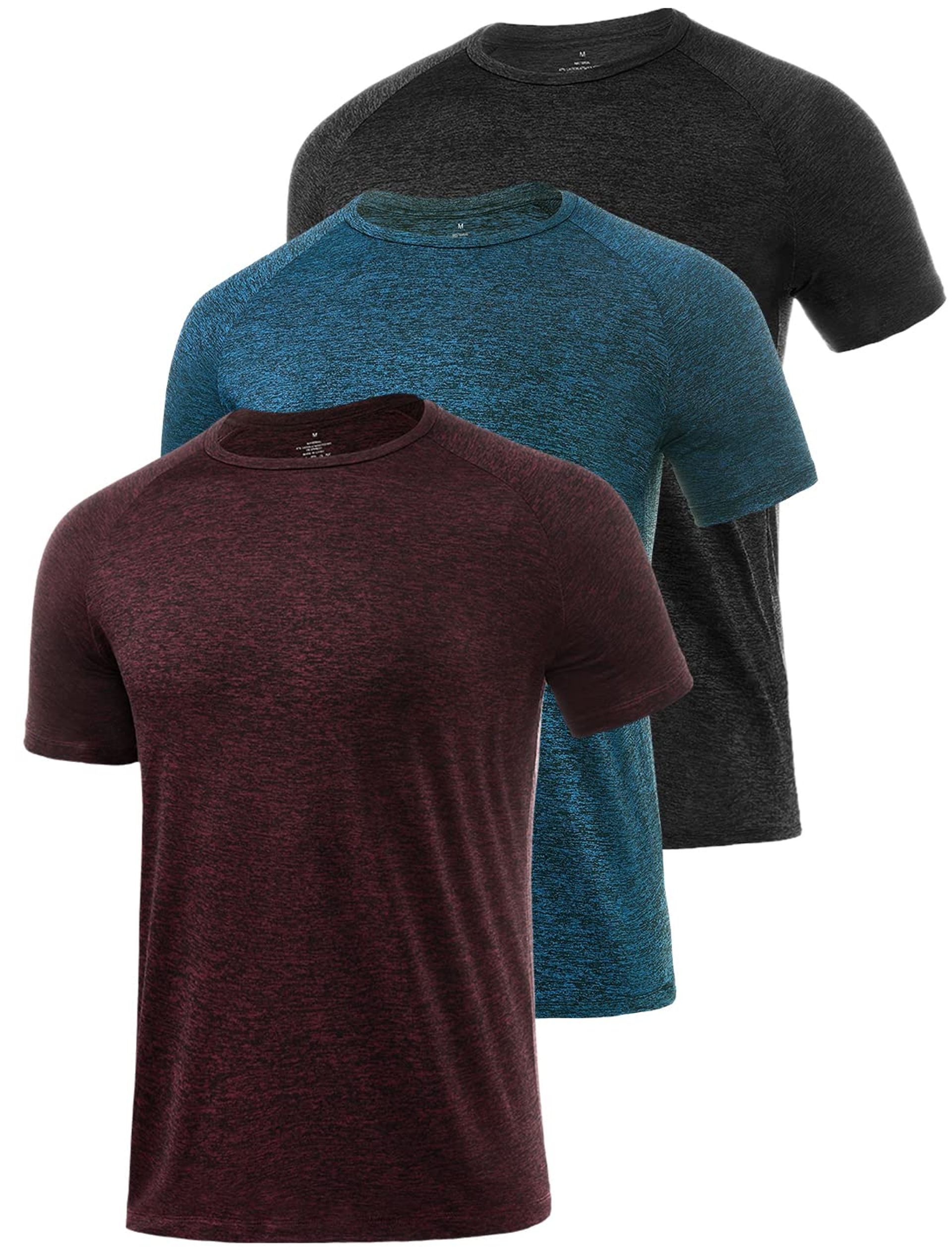 Men's 3 Pack Dry Fit T-Shirts Moisture-Wicking Gym Tops in Black, Blue & Wine XXL