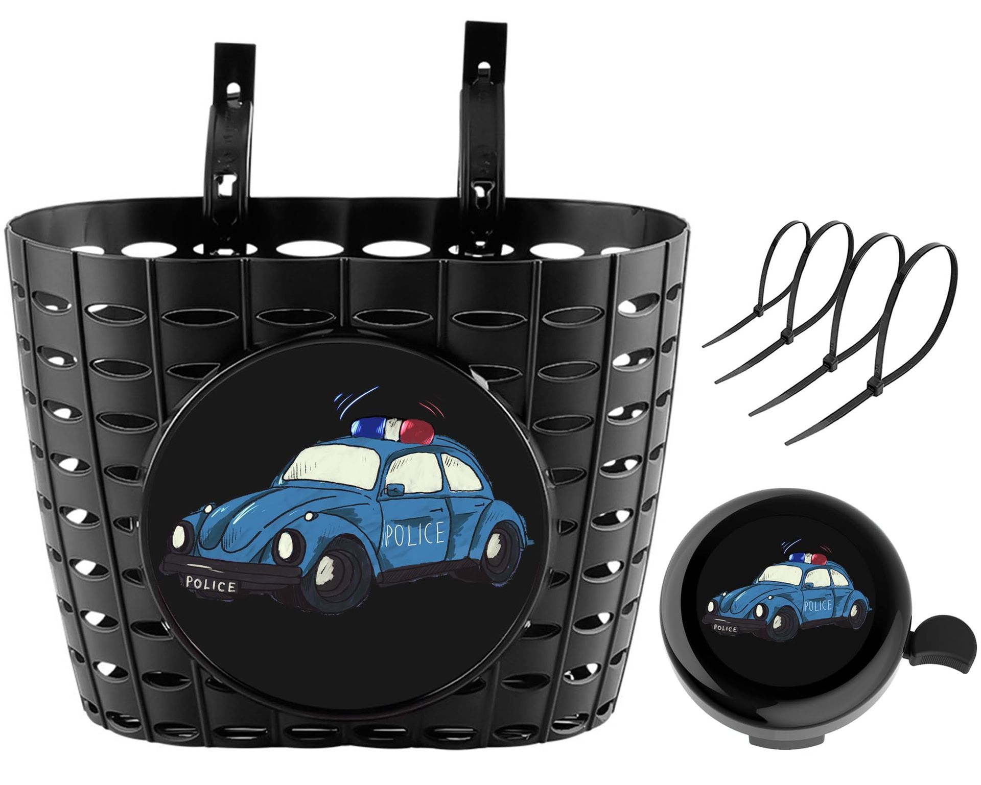 Kids Bike Basket with Bell - Cute Police Car Design for Boys & Toddlers, Easy Handlebar Mount, Durable Plastic Front Bicycle Basket