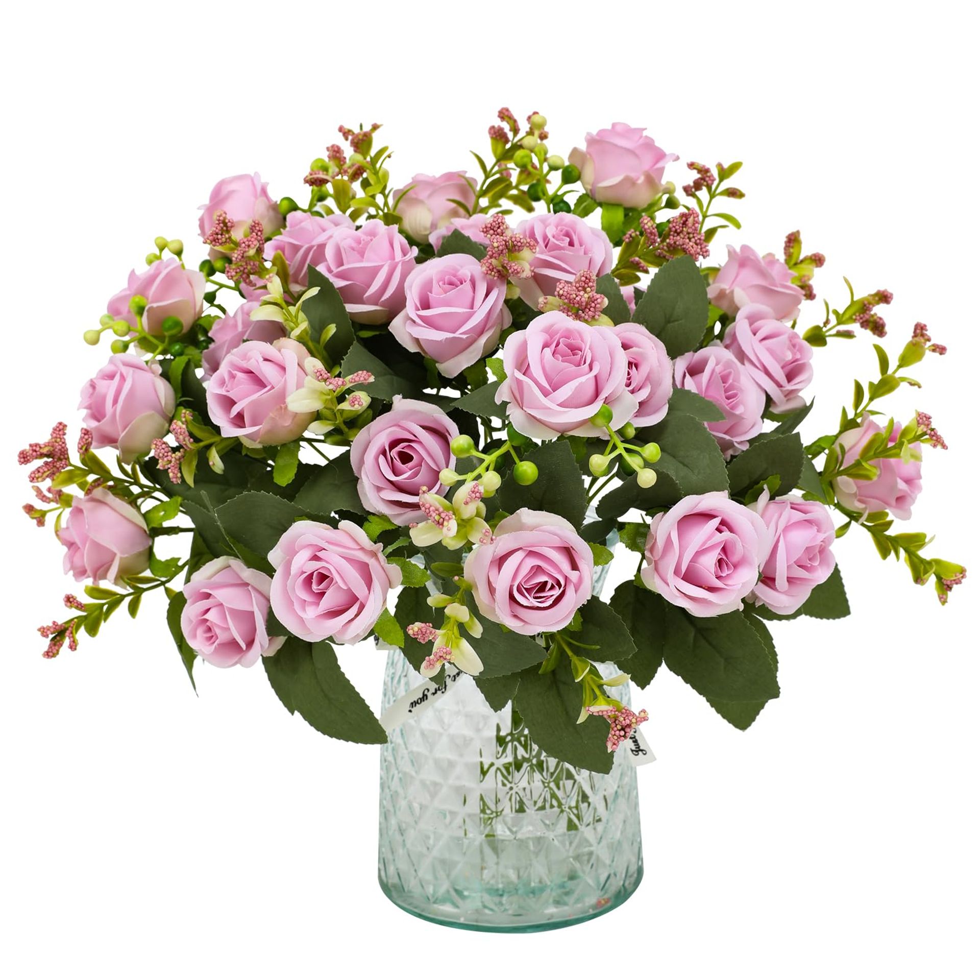 Artificial Rose Flower Bouquets 4PCS with 28 Silk Rose Heads Realistic Fake Flowers for Wedding Home Party Office Décor - Purple One Size