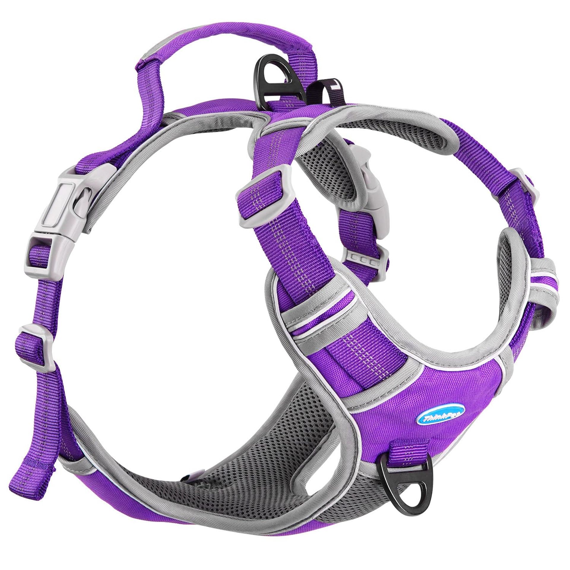No Pull Dog Harness Breathable Reflective Adjustable with Handle for Easy Control - Neon Purple XL