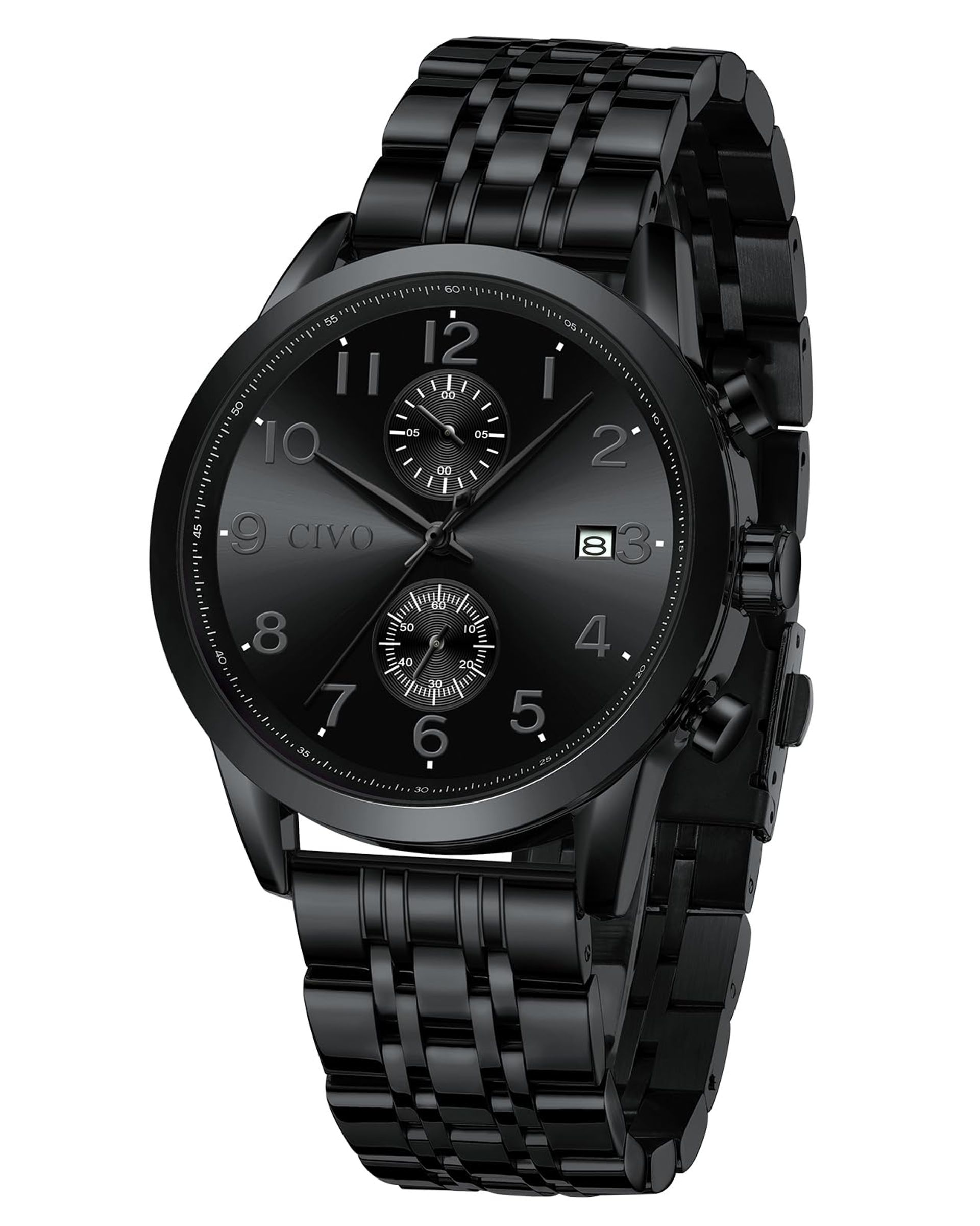 Men's Chronograph Stainless Steel Watch with Date & Large Black Face - Stylish & Water Resistant