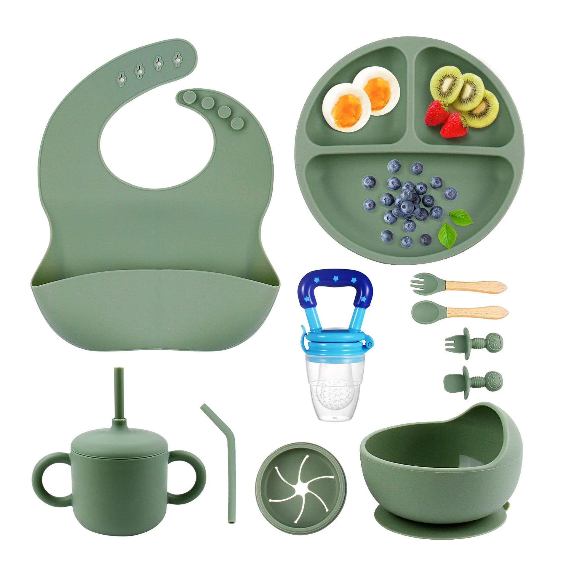 Baby Weaning Set Silicone Feeding Kit with Suction Bowl, Plate, Bib & Spoons - Green