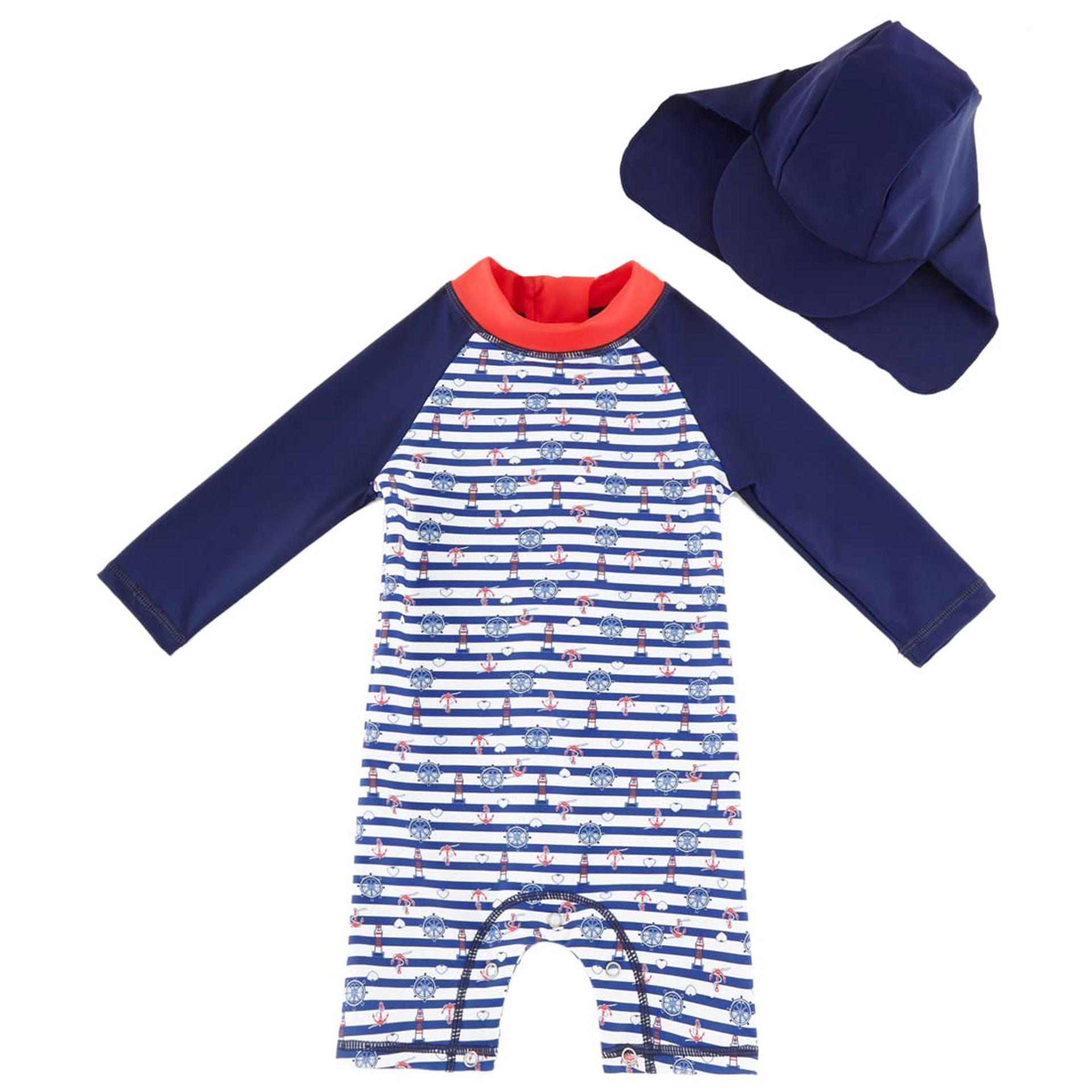 Infant Boys UPF 50+ Sun Protection All-in-One Swimsuit with Hat - Blue Lighthouse 9-12 Months