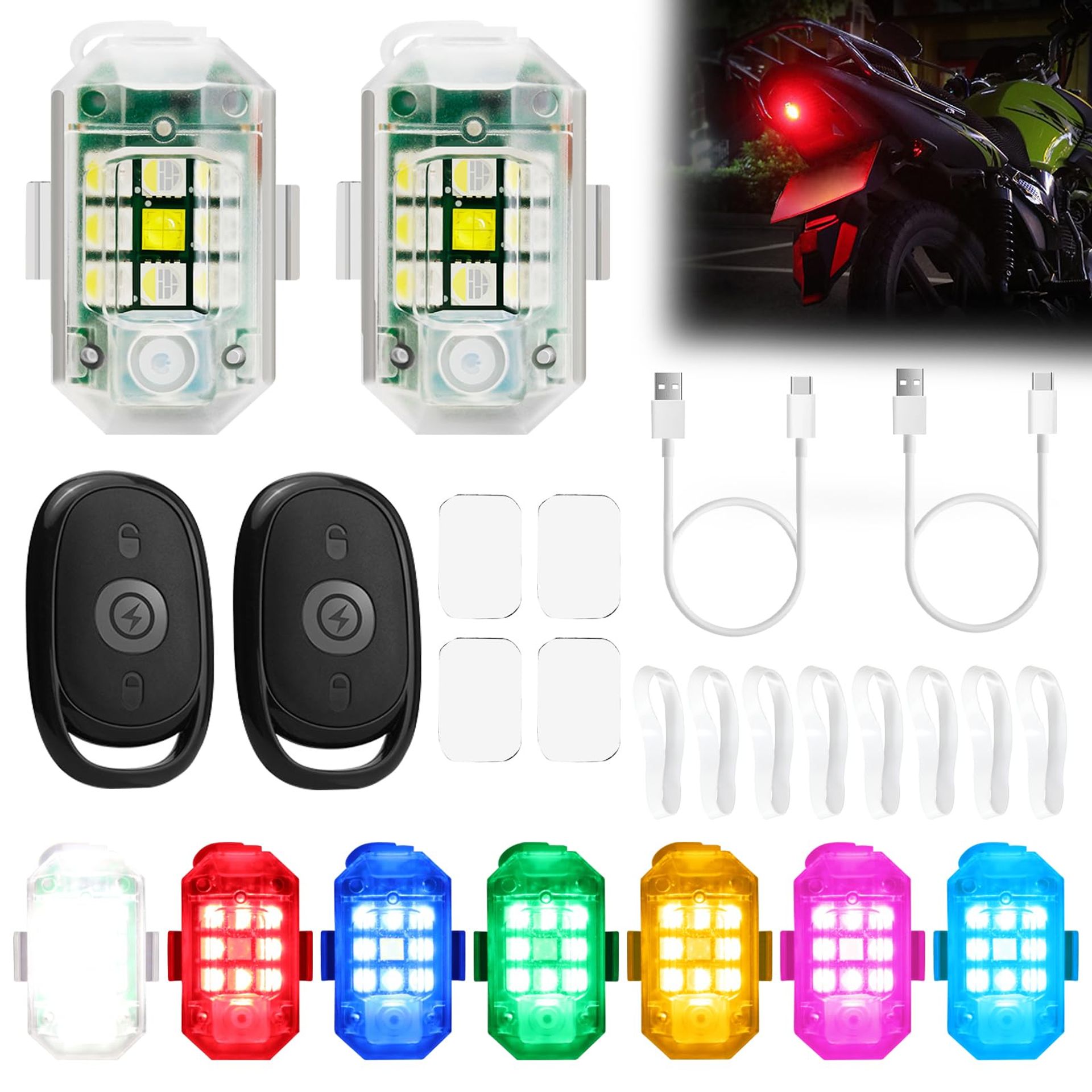 Wireless Remote Control Drone Strobe Light High Brightness 7-Colour LED USB Rechargeable Safety Beacon for Drone, Bike & Motorcycle - White