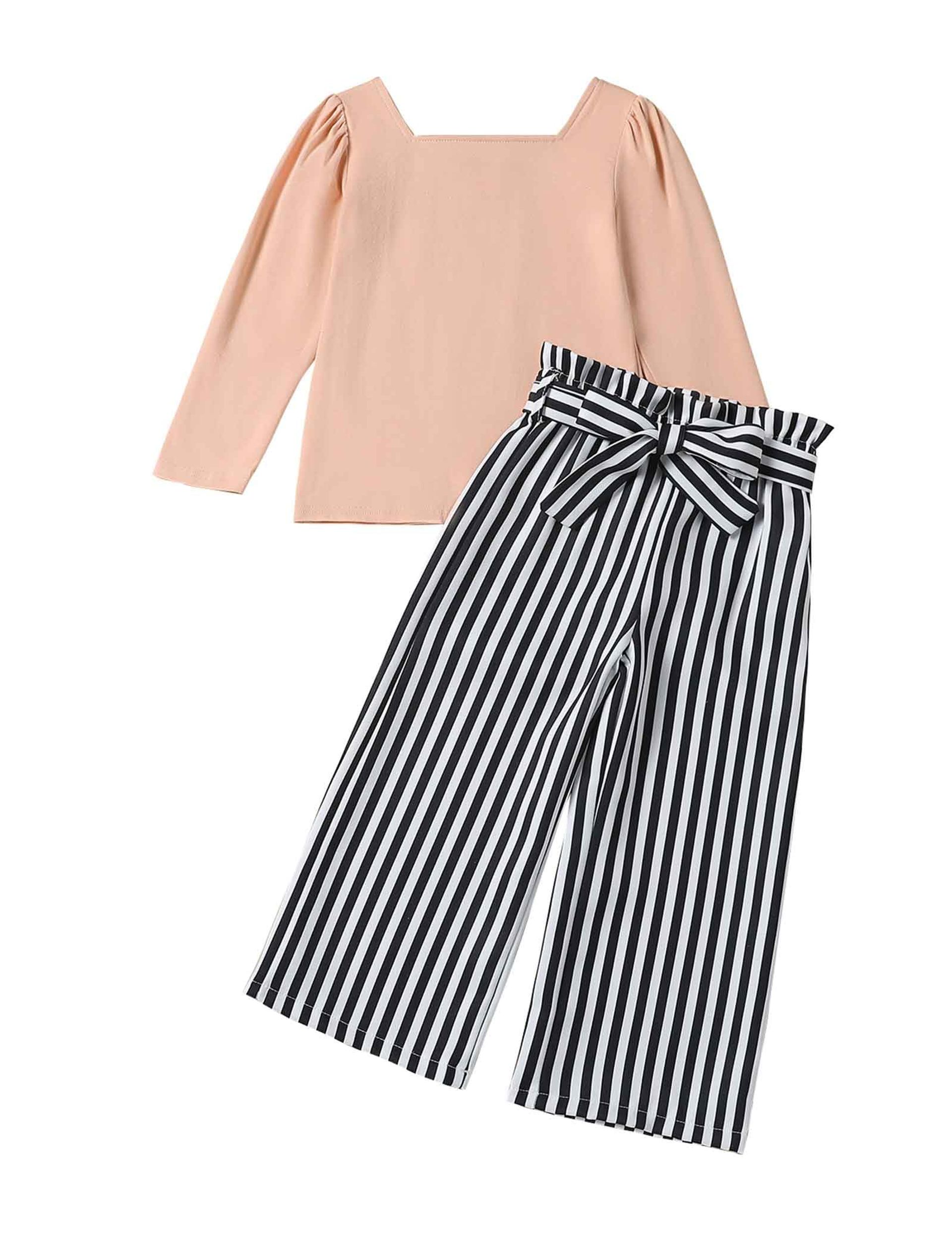 Stylish Girls' Square Neck Puff Sleeve Top & Striped Pants Outfit, Ages 2-7 - Pink or Purple