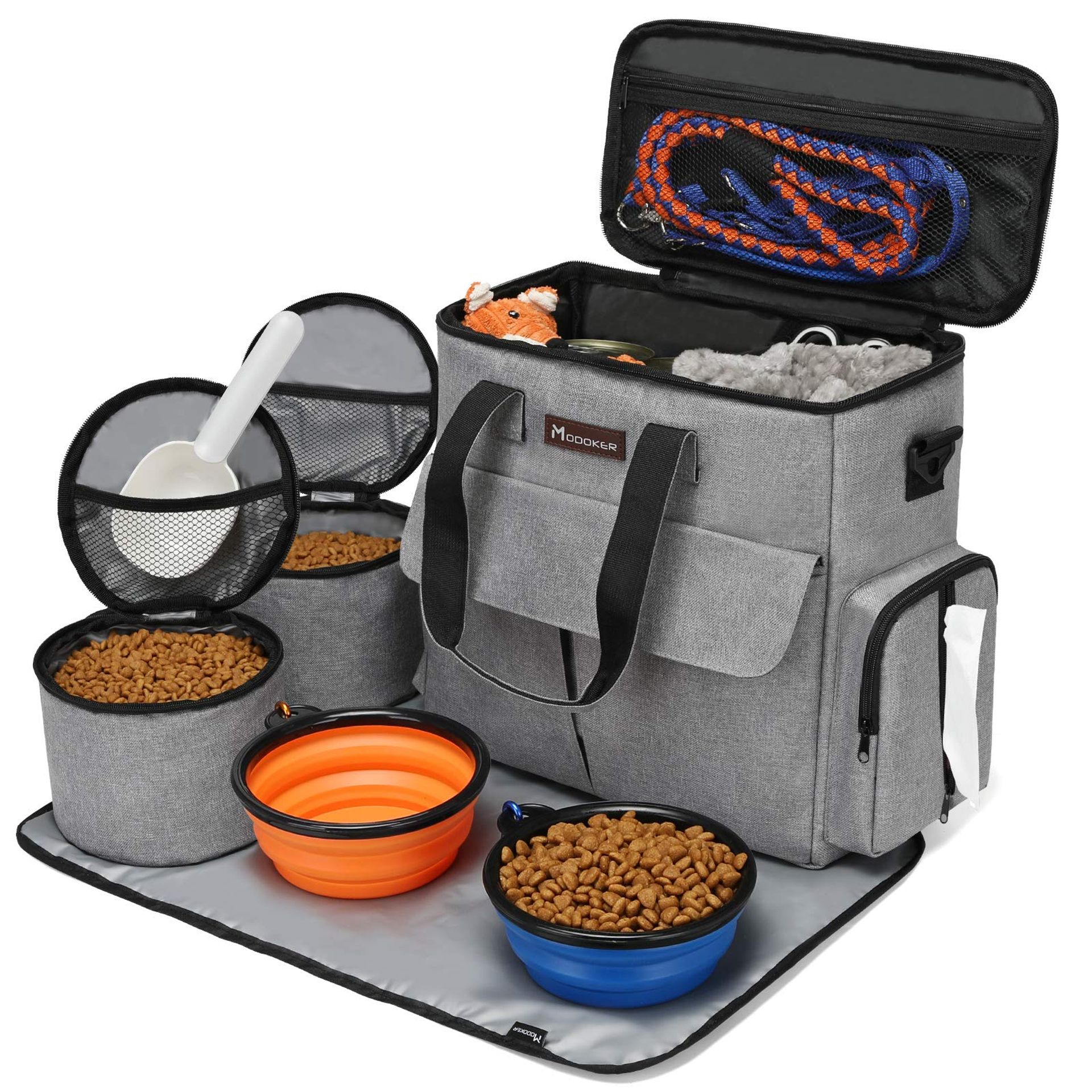 Airline Approved Pet Travel Bag with Food Carriers, Bowls & Mat Organiser Set for Dogs & Cats - Grey 41cm