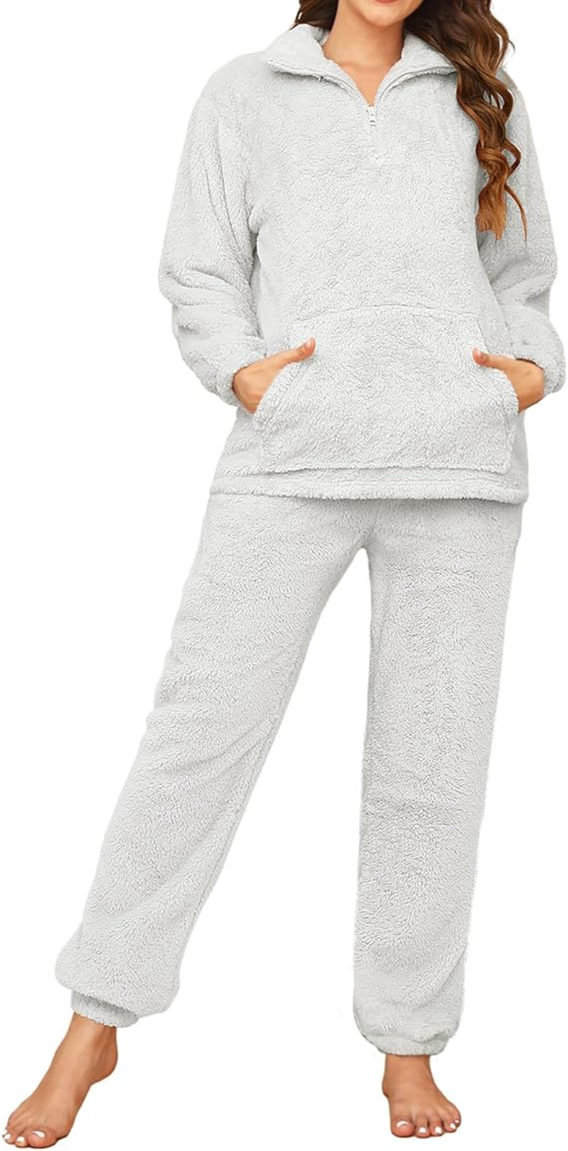 RITOSTA Women's Light Grey Fleece Pyjamas Set XL - Warm Winter Loungewear with Pockets