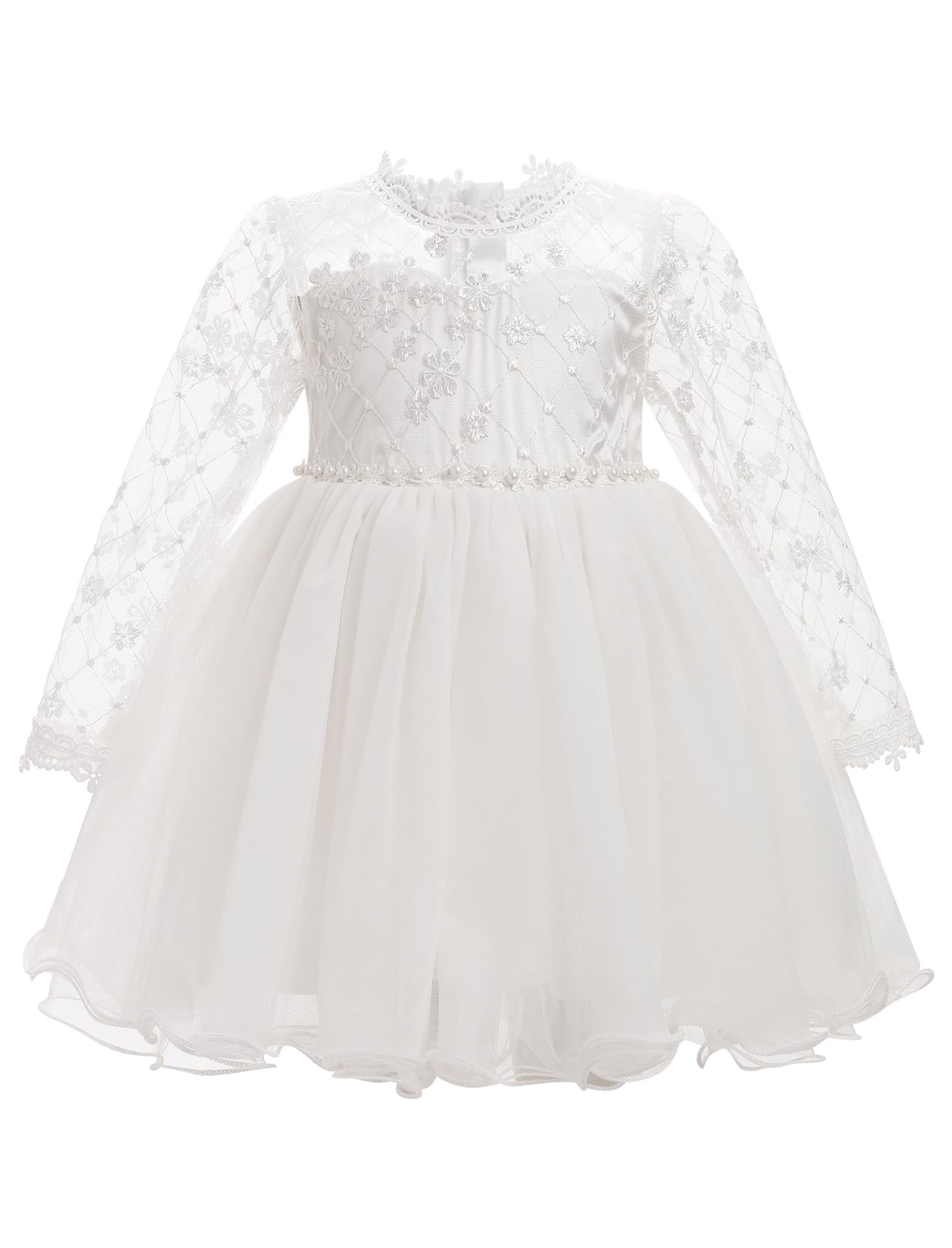 Baby Girl Long Sleeve Floral Embroidery Tulle Party Dress for Birthday, Wedding or Christening - White 9-12 Months