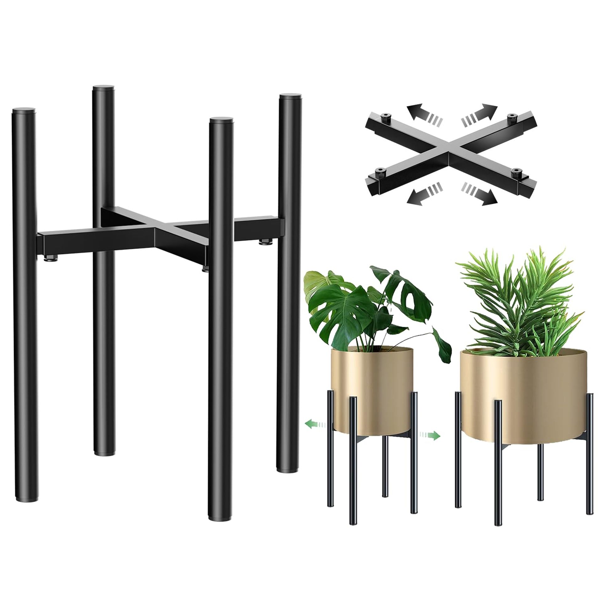 Adjustable Indoor Metal Plant Stand Mid Century Style for 21–30cm Pots - Black 1 Pack