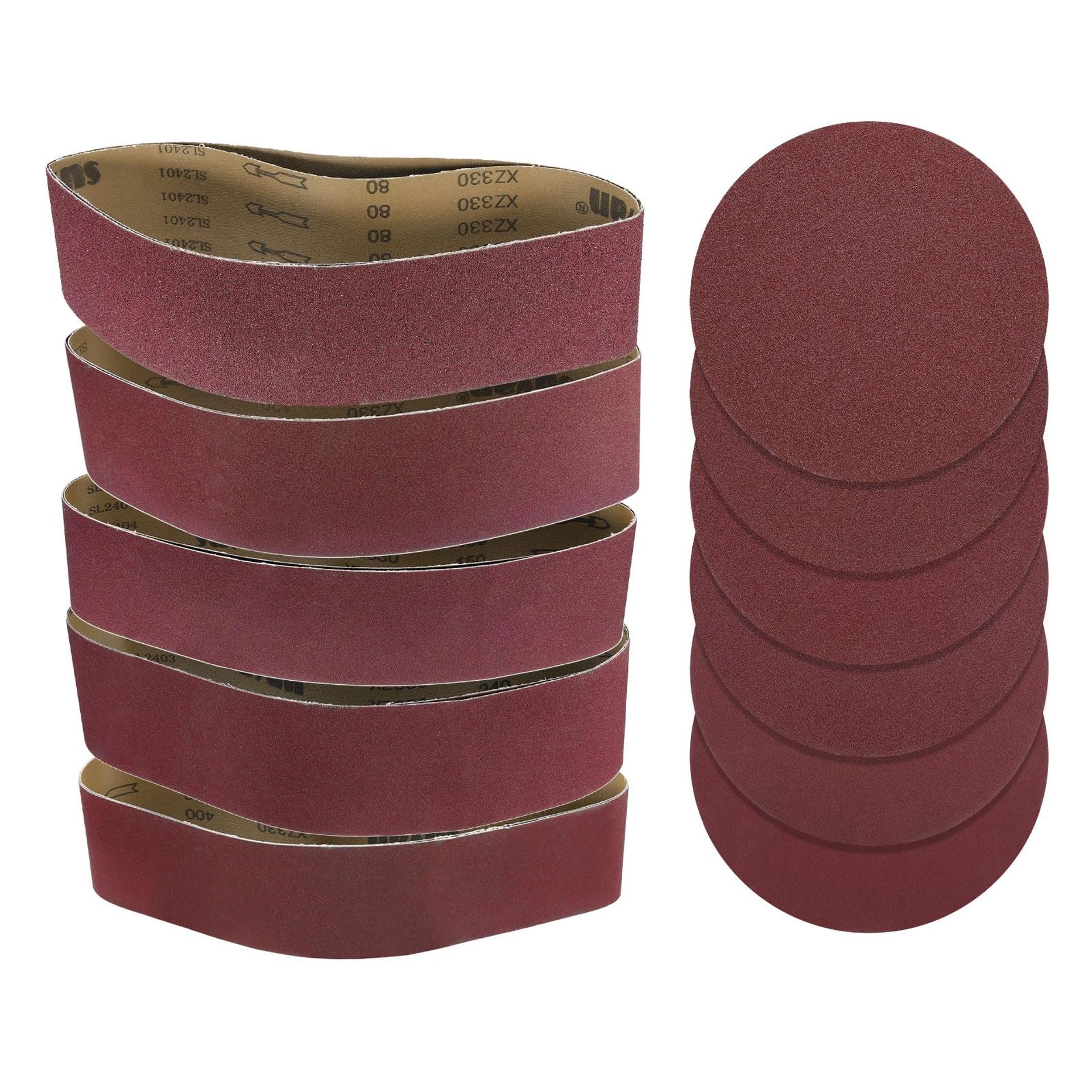 10pc Sanding Belts 4x36in + 12 Self-Adhesive Sanding Discs Mixed Grits for Metal & Wood Polishing