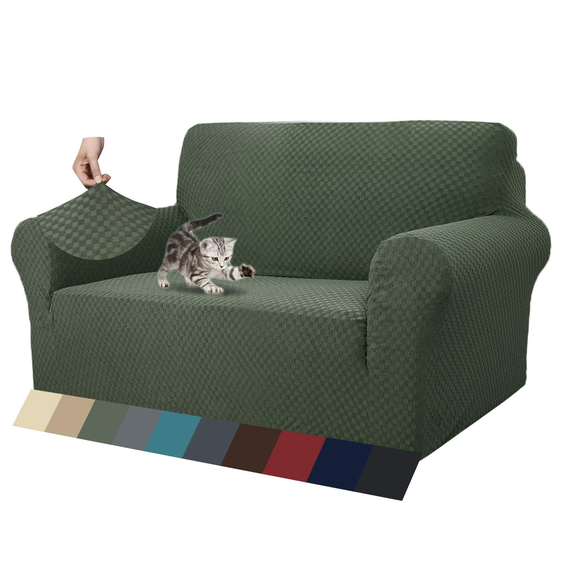 Thick Velvet Sofa Cover Super Stretch Non Slip Loveseat Furniture Protector for Pets and Everyday Use - Blackish Green 2 Seater