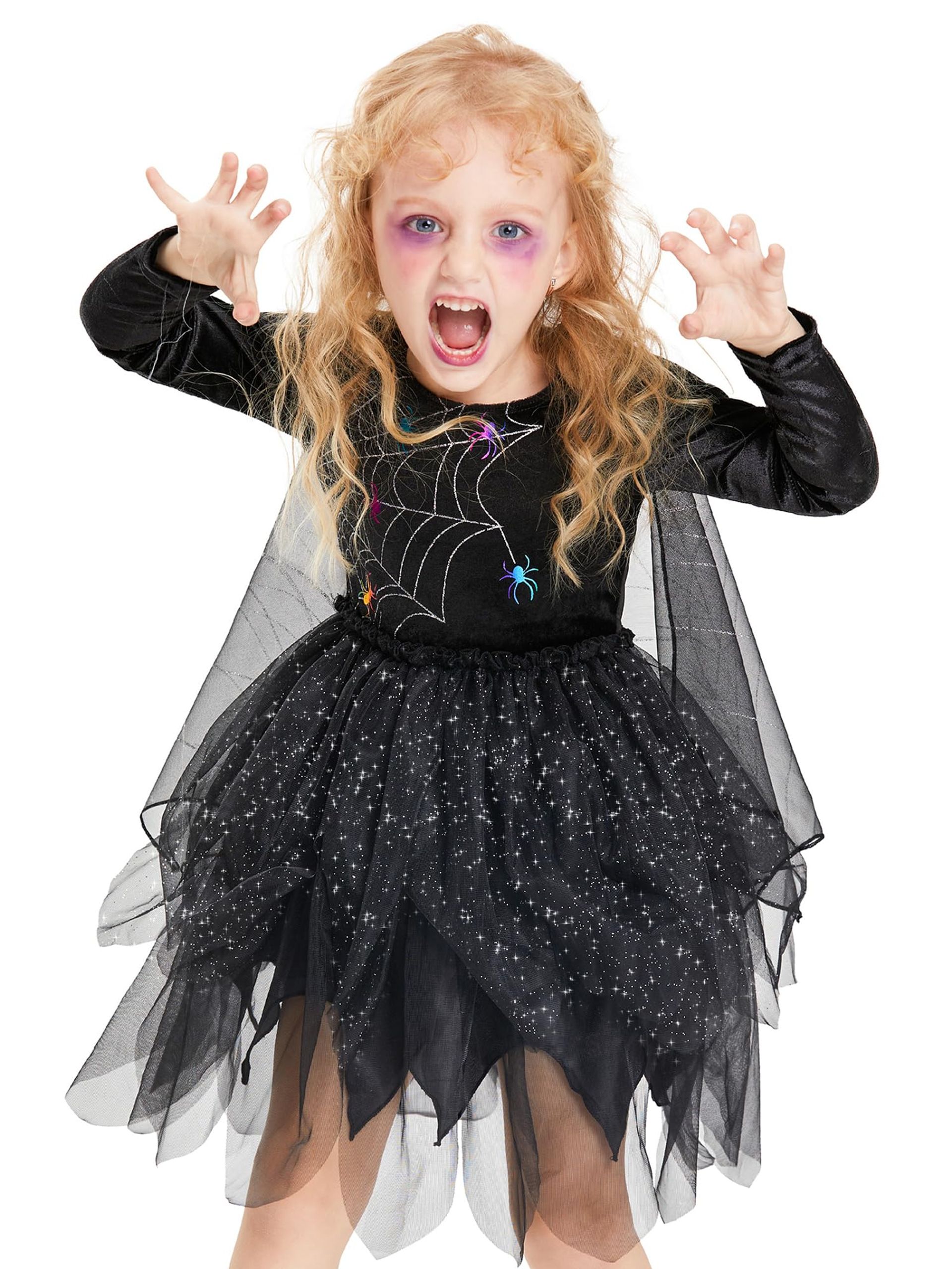 Girls Spider Witch Fancy Dress Costume 2 Piece Tutu Dress with Cape Halloween Outfit - Black 8-10 Years