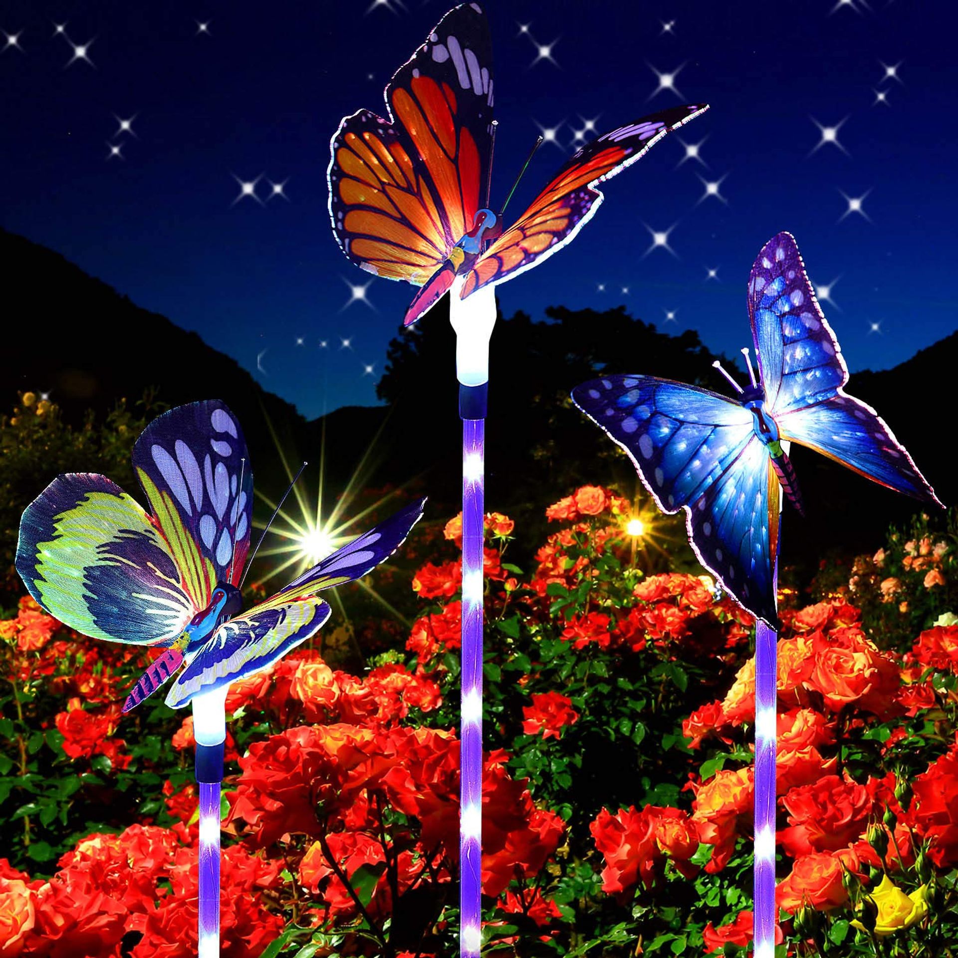3 Piece Solar Butterfly Garden Lights with Fibre Optic LEDs, Multi-Colour Changing Waterproof Outdoor Pathway Lighting
