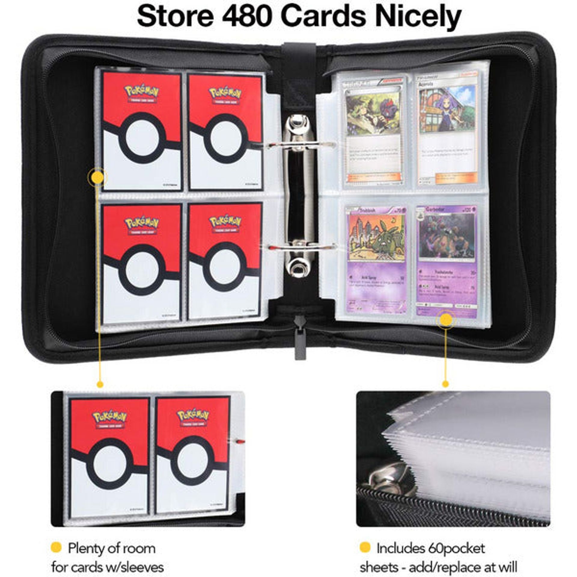 Rayvol 4 Pocket Card Binder Compatible With Pokemon Cards, Inclues 60 4-P