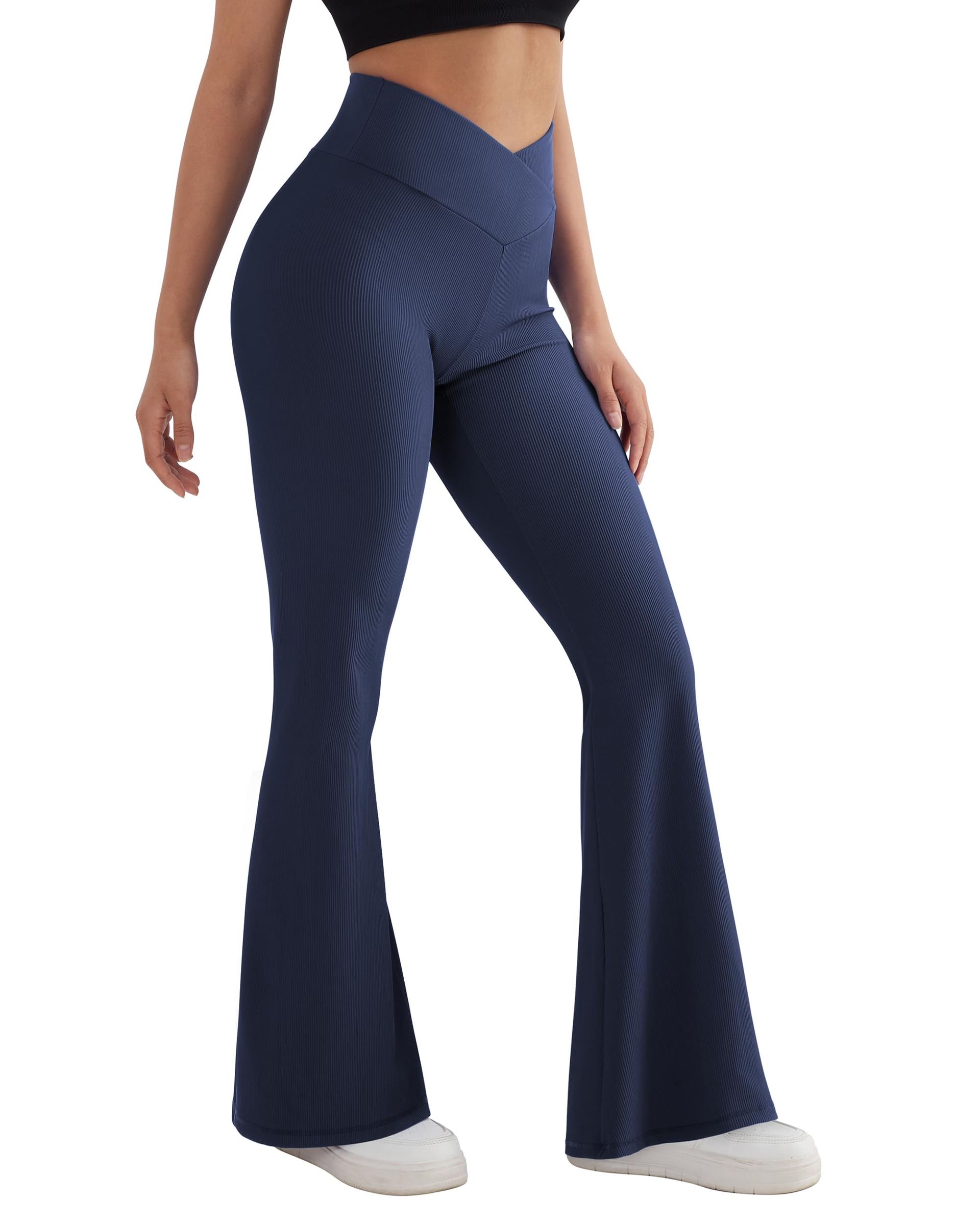 Women's Cross Waist Flared Leggings Bootcut Yoga Pants Ribbed Activewear - Deep Blue 30"