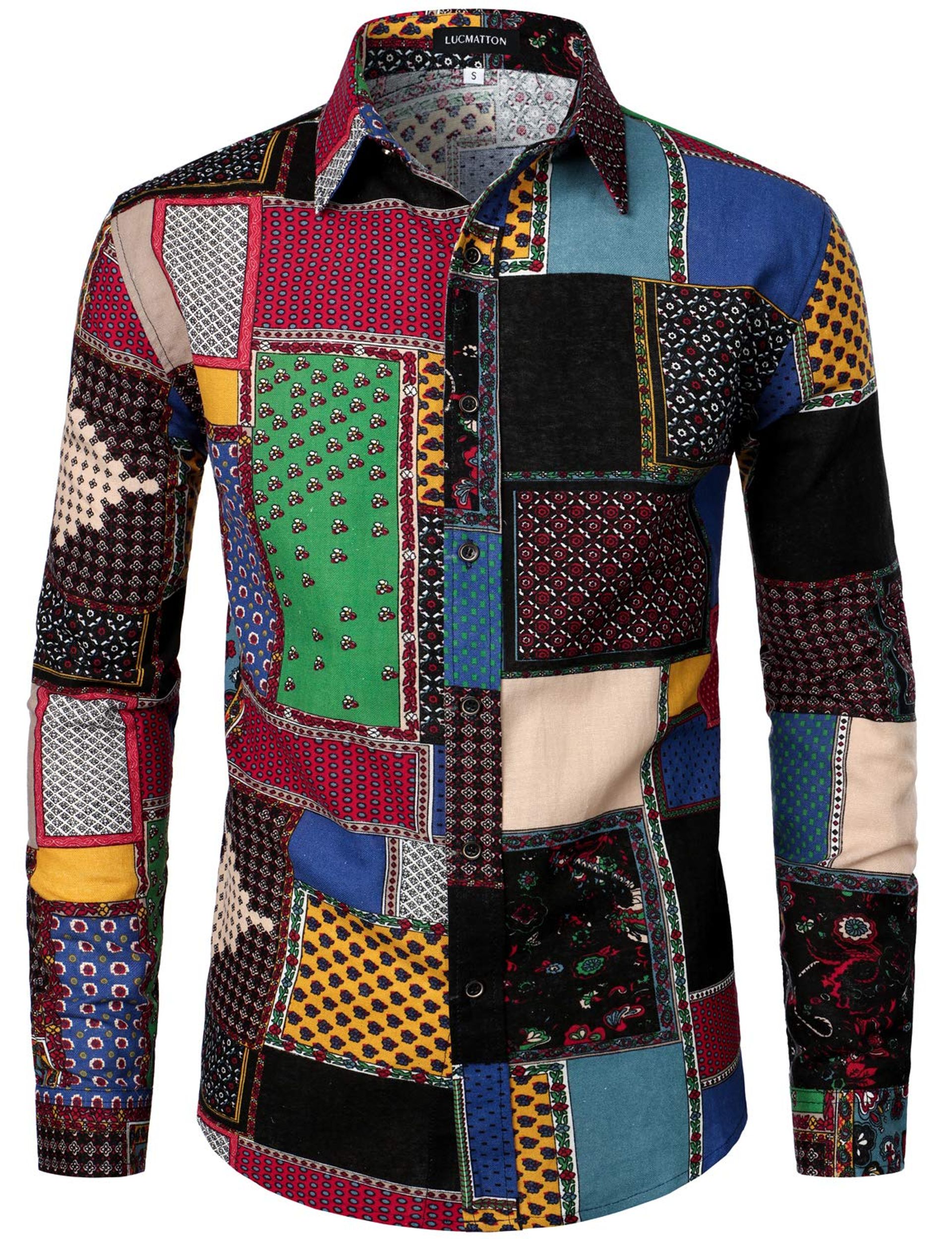 Men's Linen Long Sleeve Shirt with African Traditional Multi-Colour Print, Stylish Button Up Casual Wear - Small
