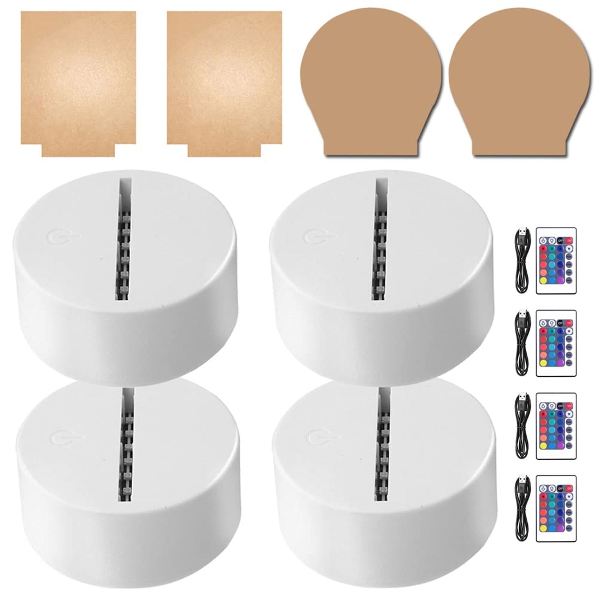 3D LED Night Light Lamp Base Set with 16 Colours, Remote & USB Power - White 4-Set Square+Round